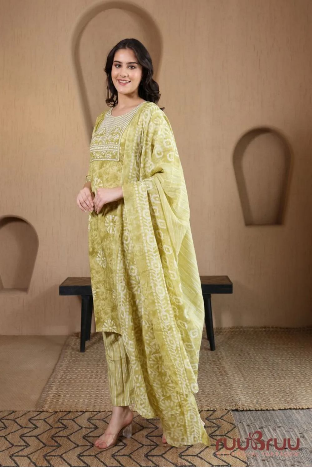 Malai Cotton 3 Pcs Suit with elegant yoke embroidery.