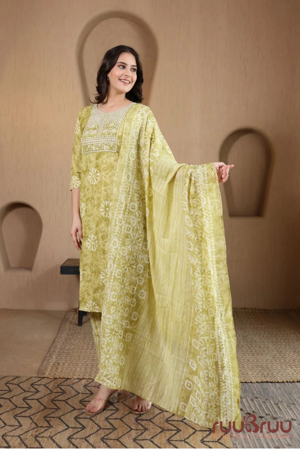 Malai Cotton 3 Pcs Suit with elegant yoke embroidery.