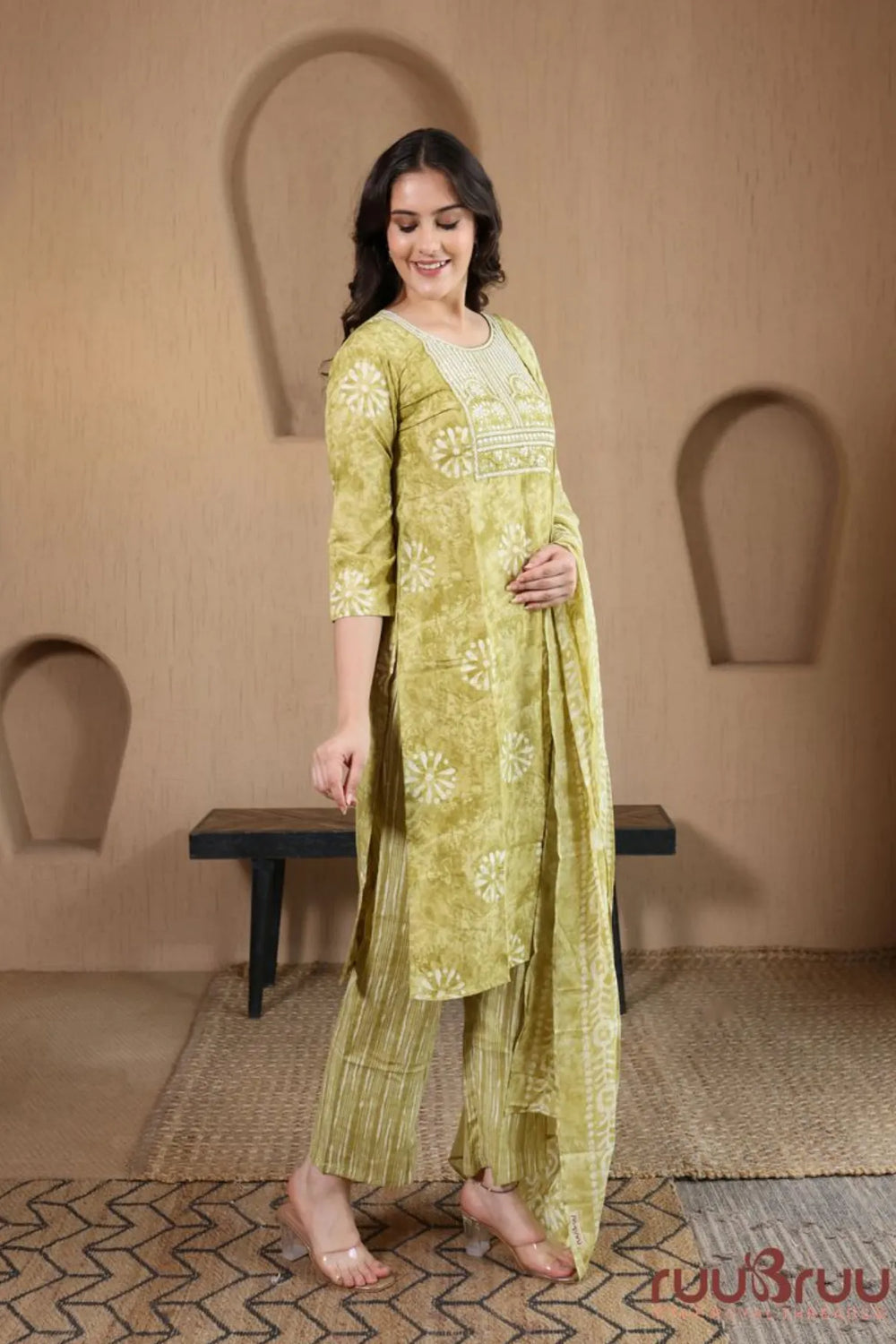 Malai Cotton 3 Pcs Suit with elegant yoke embroidery.