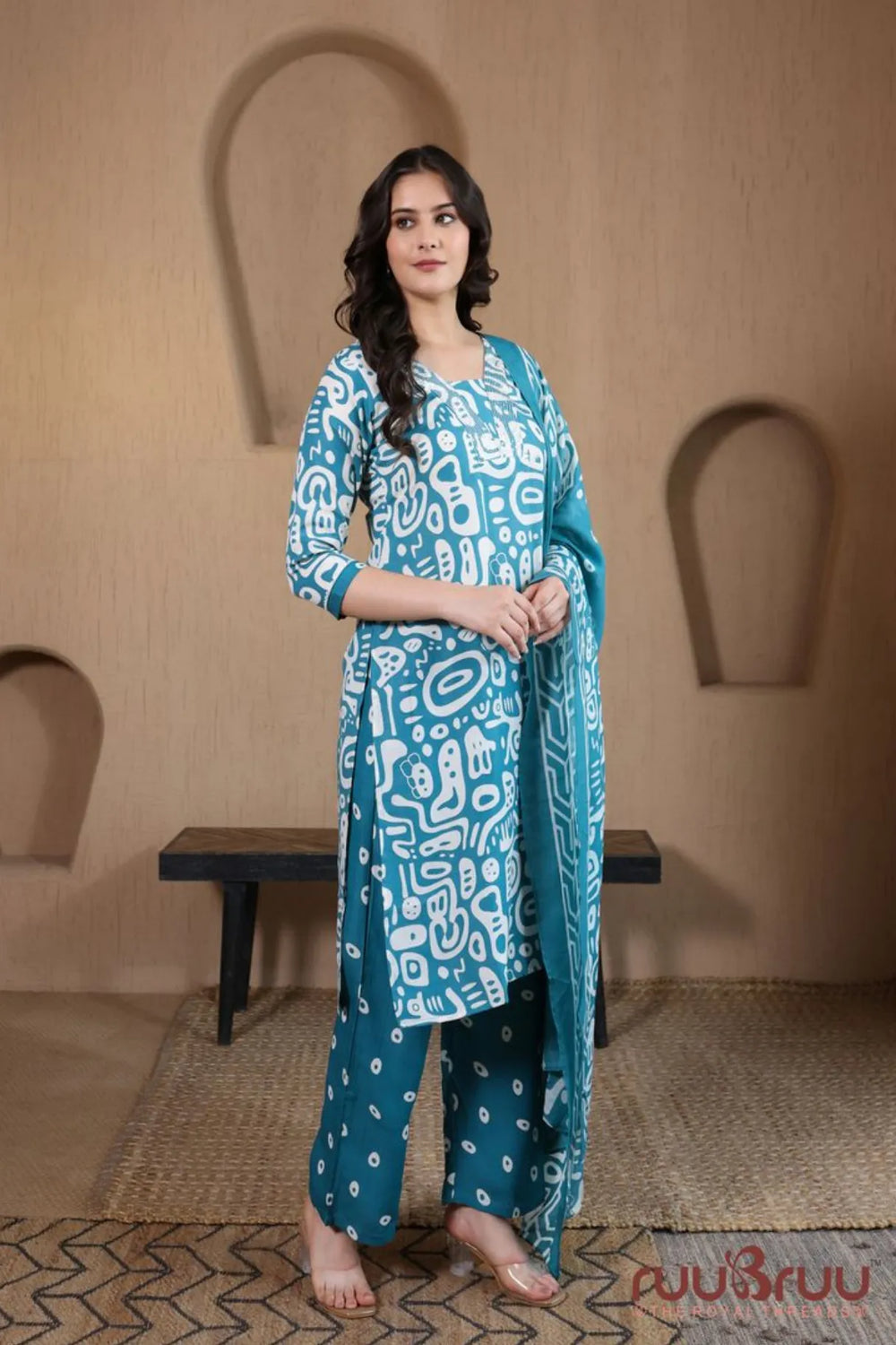 Malai Cotton 3 Pcs Suit with elegant Squin work at Neck.