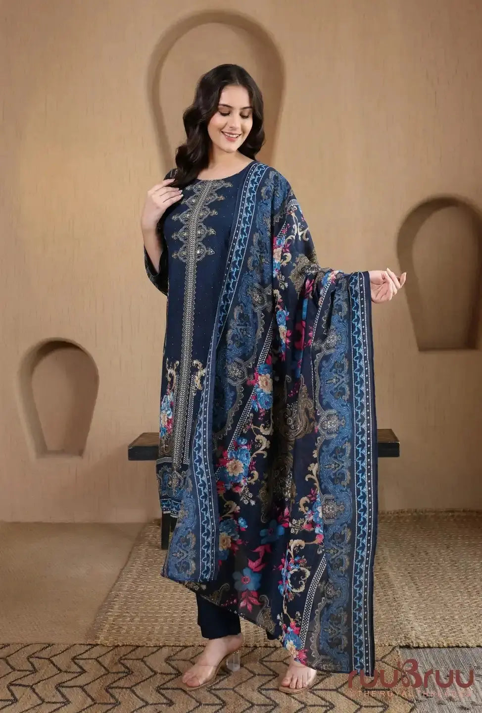 Elegant 3-Piece Viscose Rayon Ladies Suit featuring Zari Embroidery & Digital Print