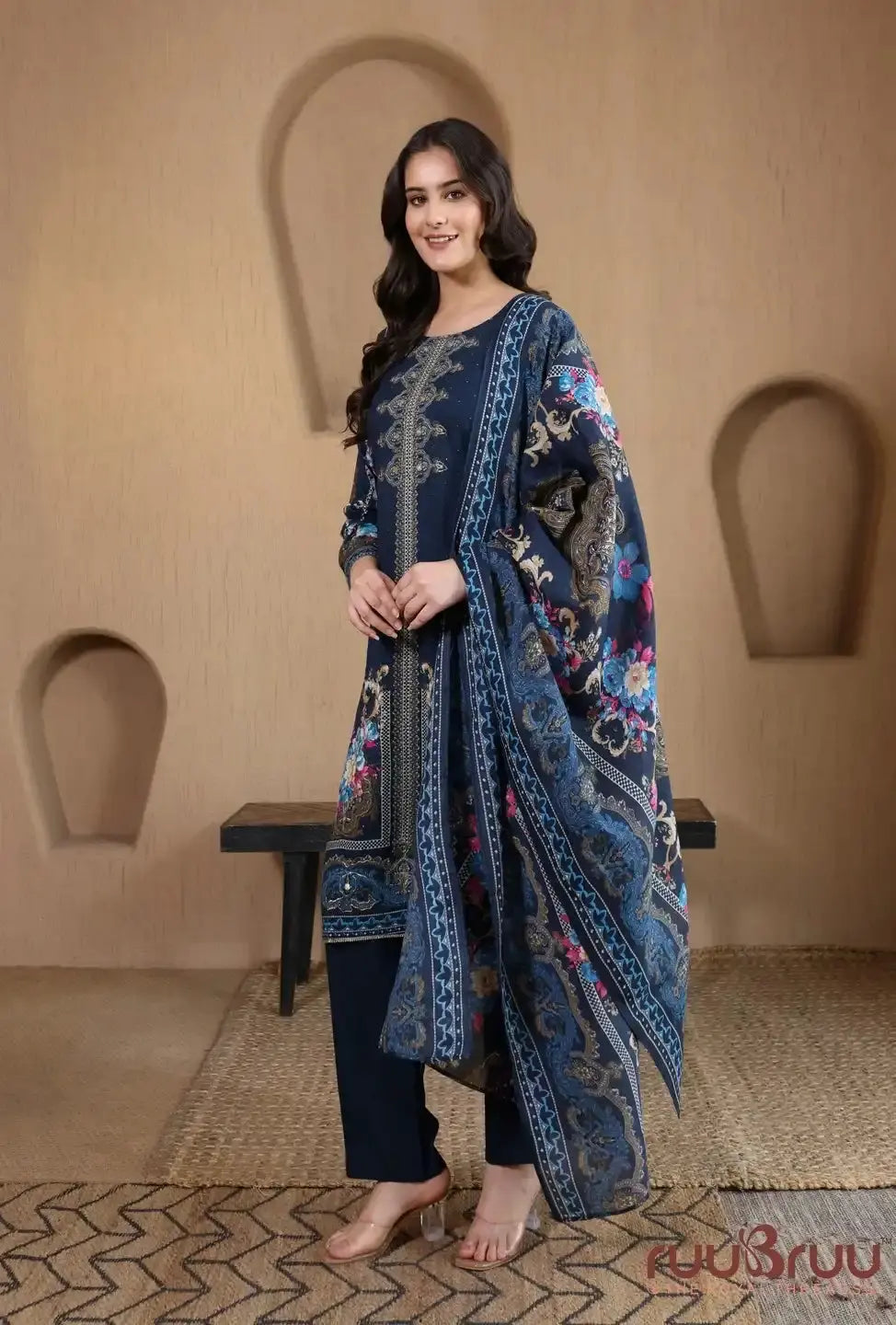 Elegant 3-Piece Viscose Rayon Ladies Suit featuring Zari Embroidery & Digital Print