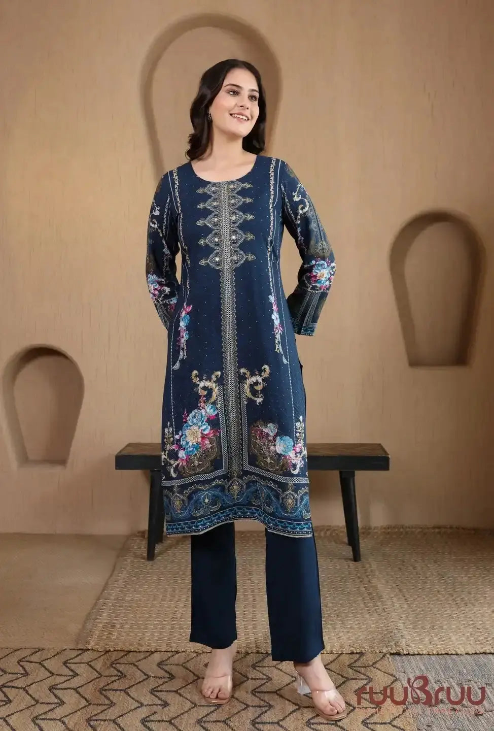 Elegant 3-Piece Viscose Rayon Ladies Suit featuring Zari Embroidery & Digital Print