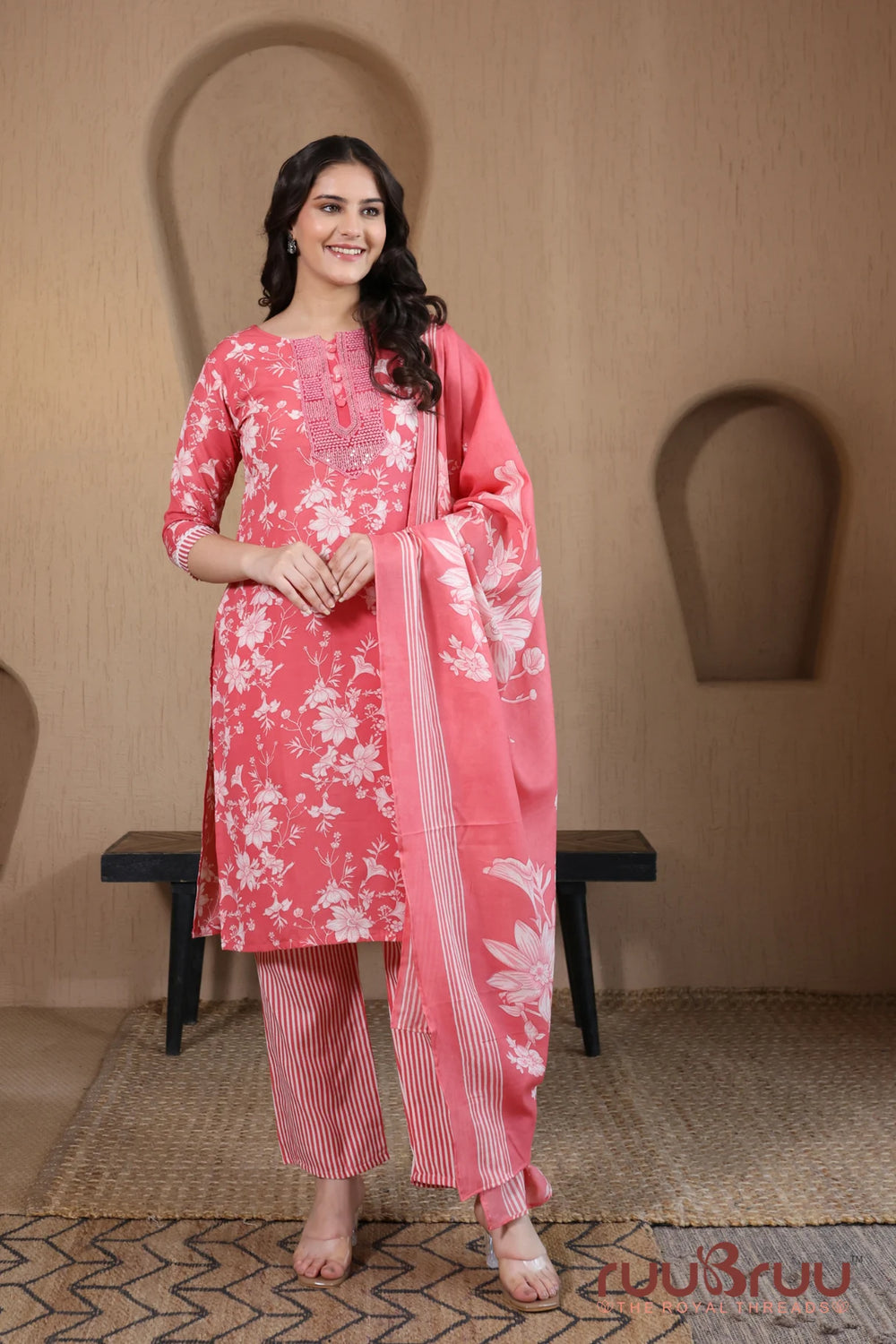 Malai Cotton 3 Pcs Suit with elegant yoke embellishment.