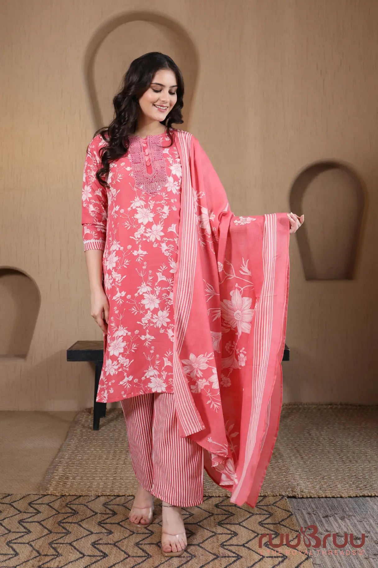 Malai Cotton 3 Pcs Suit with elegant yoke embellishment.