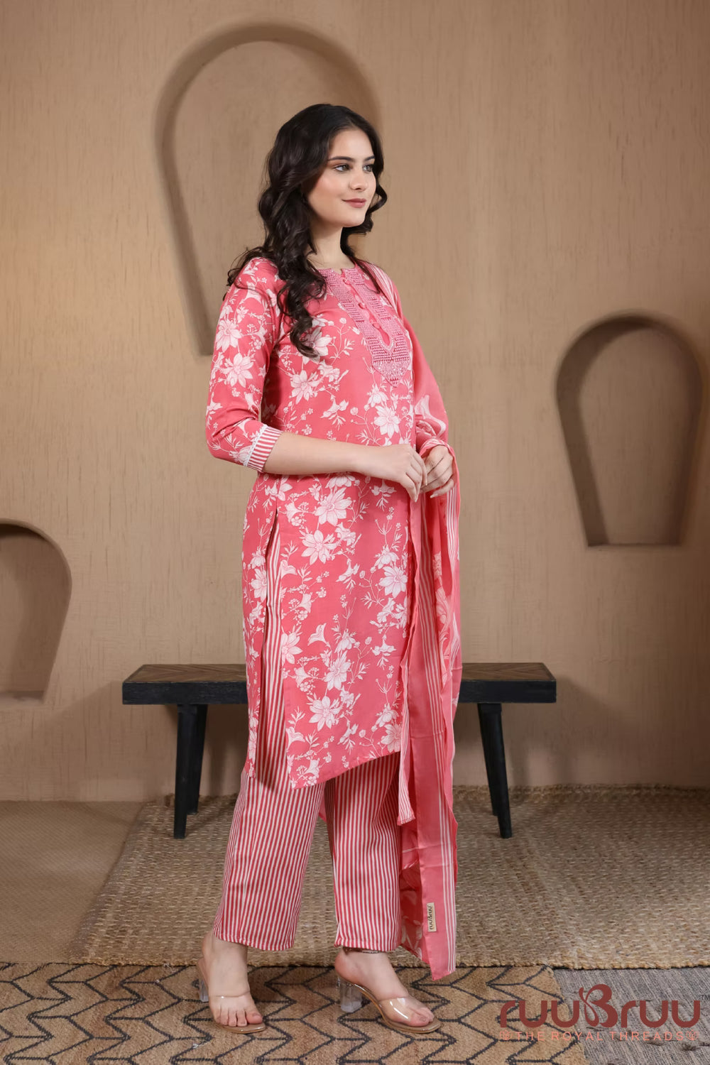 Malai Cotton 3 Pcs Suit with elegant yoke embellishment.