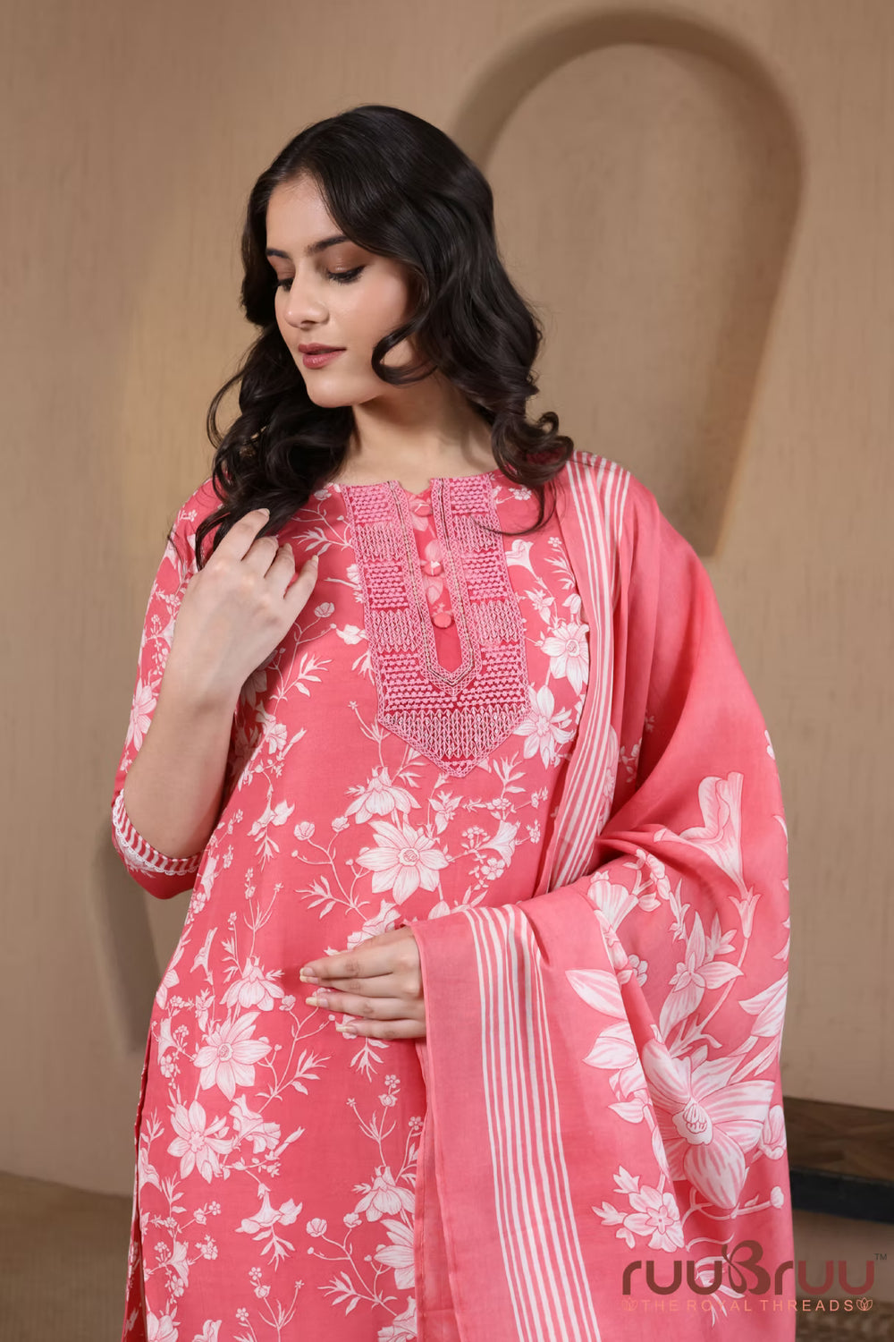 Malai Cotton 3 Pcs Suit with elegant yoke embellishment.
