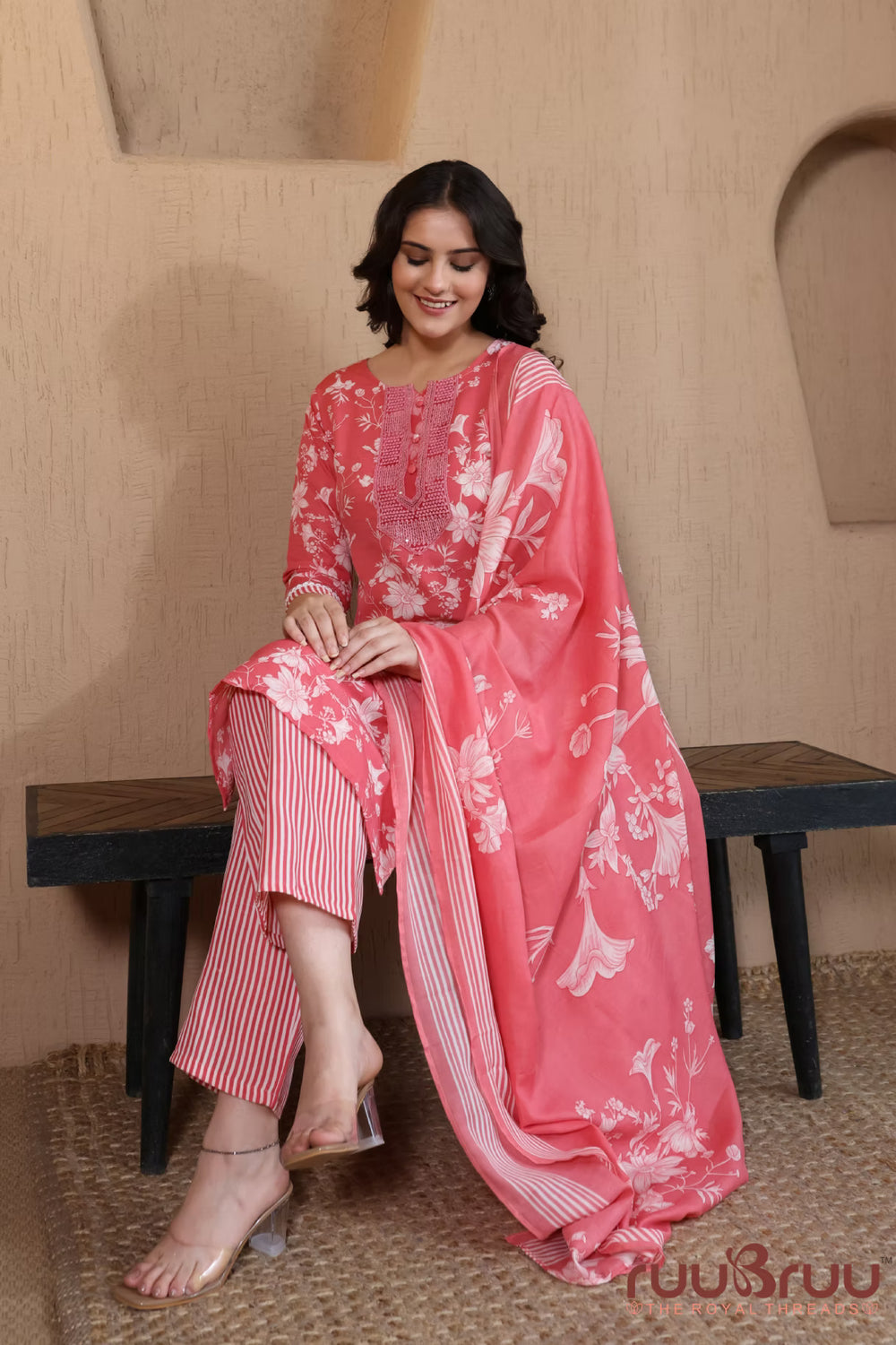 Malai Cotton 3 Pcs Suit with elegant yoke embellishment.