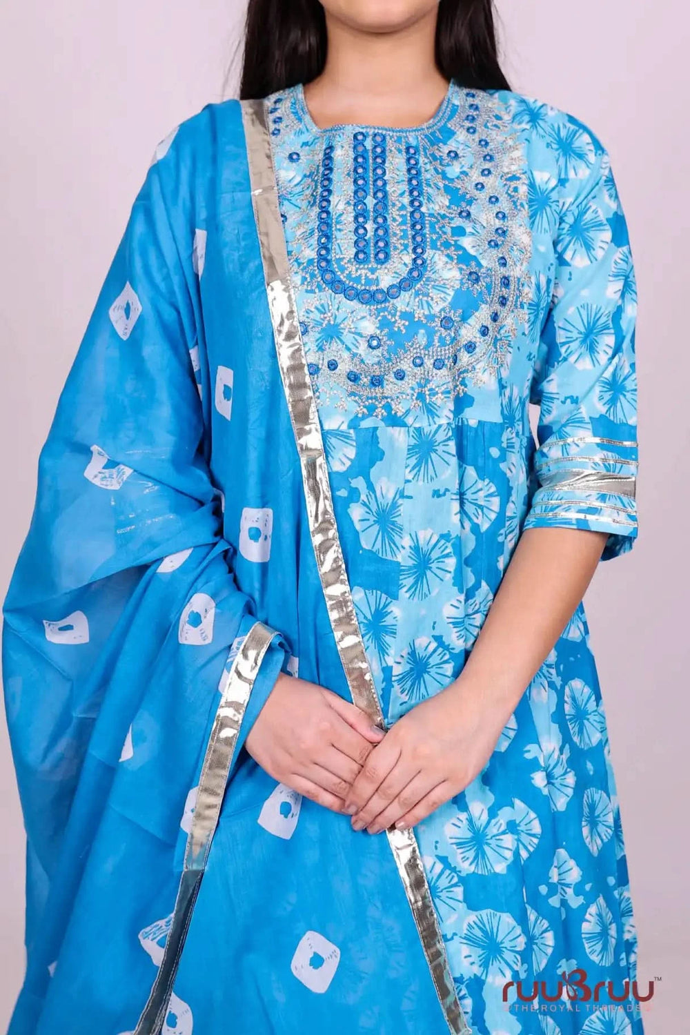 60’s Cotton Ladies Suit with Foil Embroidery & Gota Patti.