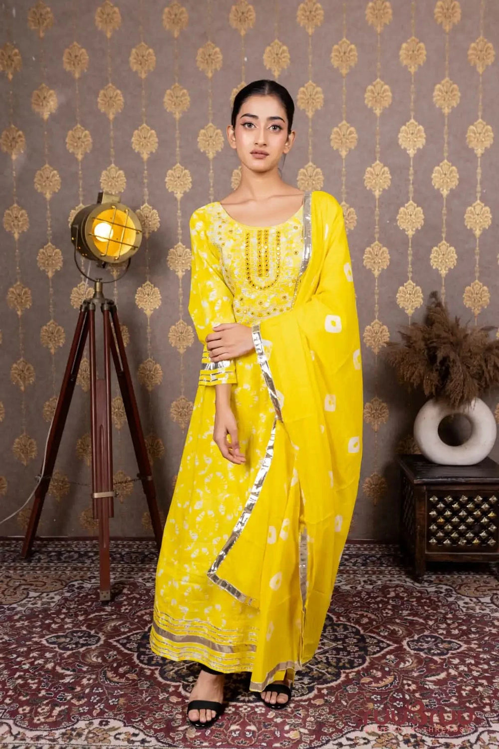 60’s Cotton Ladies Suit with Foil Embroidery & Gota Patti
