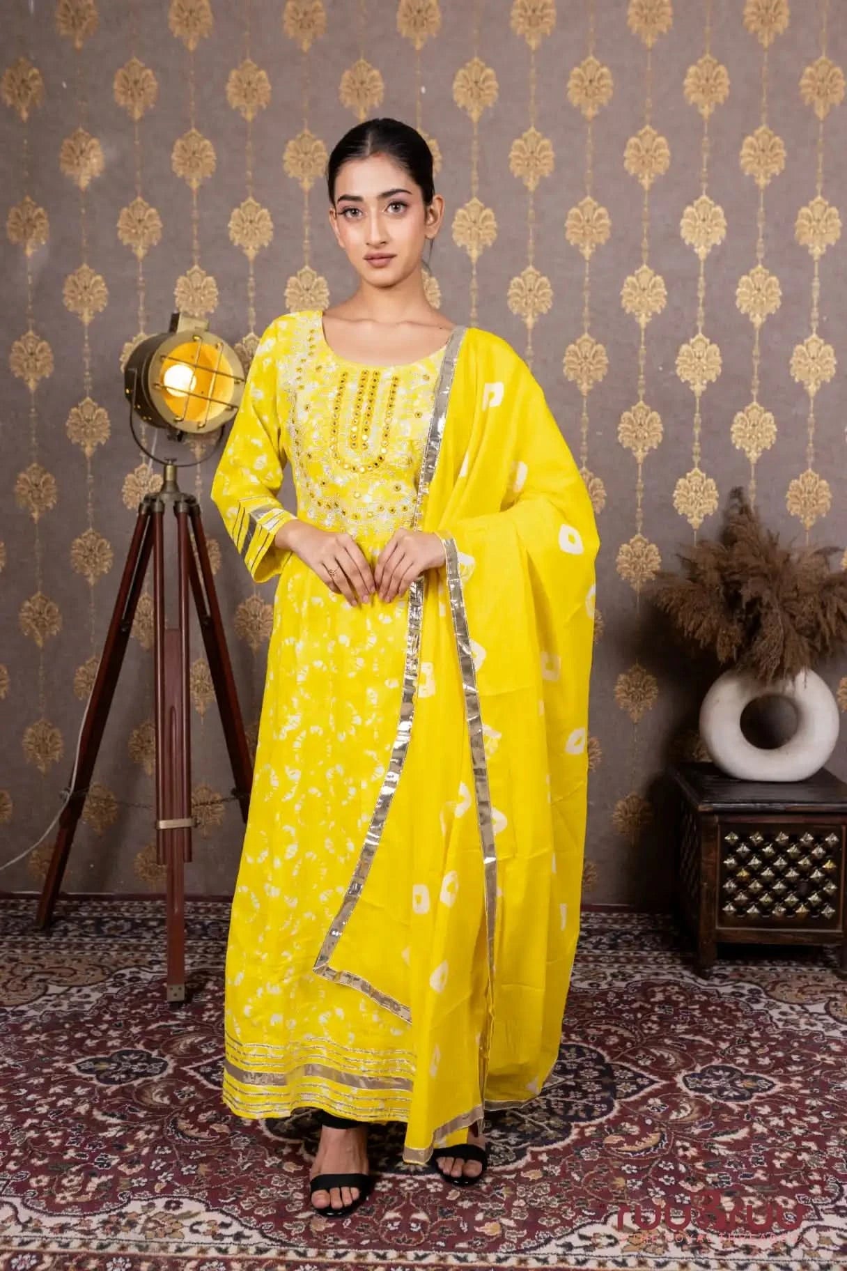 60’s Cotton Ladies Suit with Foil Embroidery & Gota Patti
