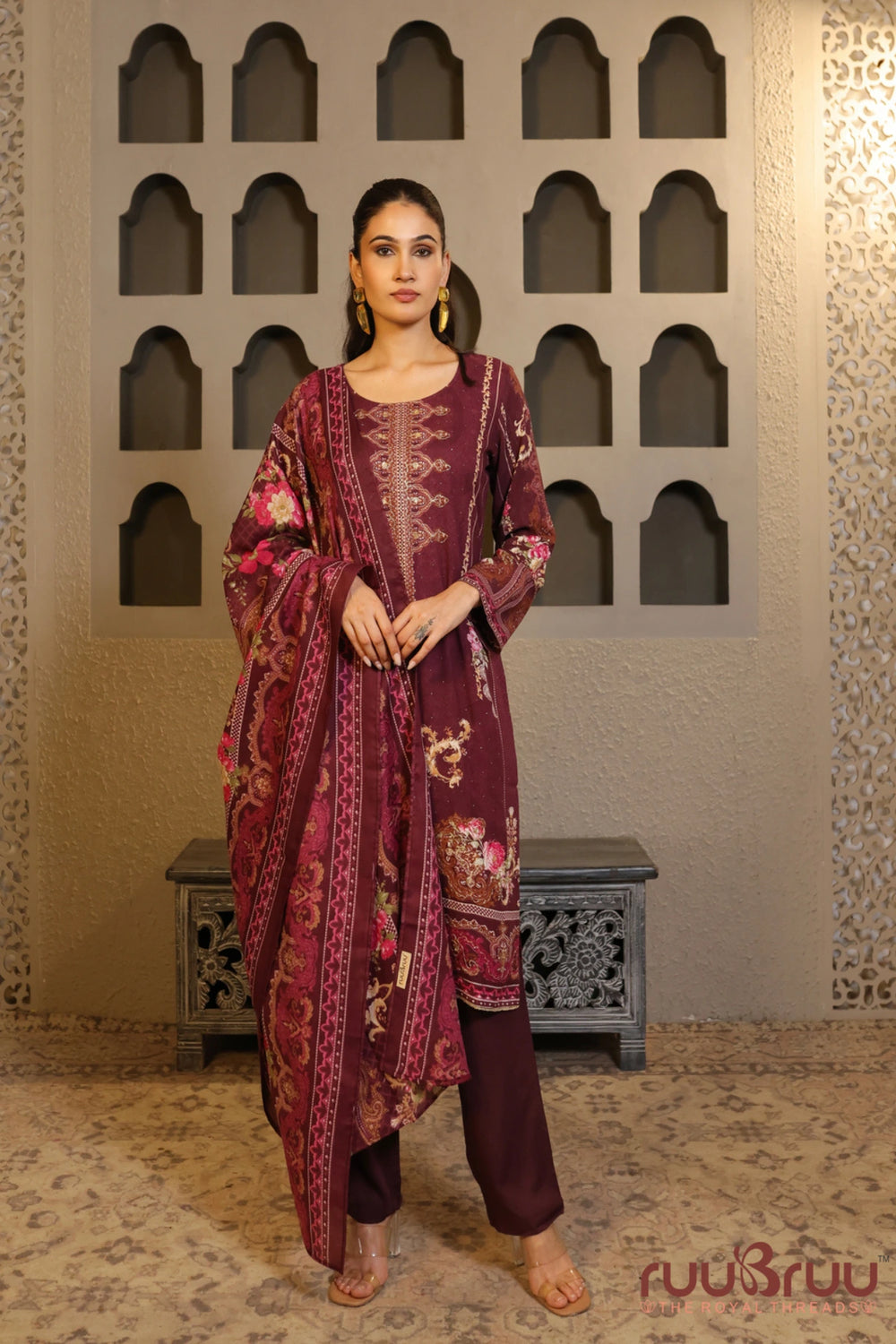 Elegant 3-Piece Viscose Rayon Ladies Suit featuring Zari Embroidery & Digital Print