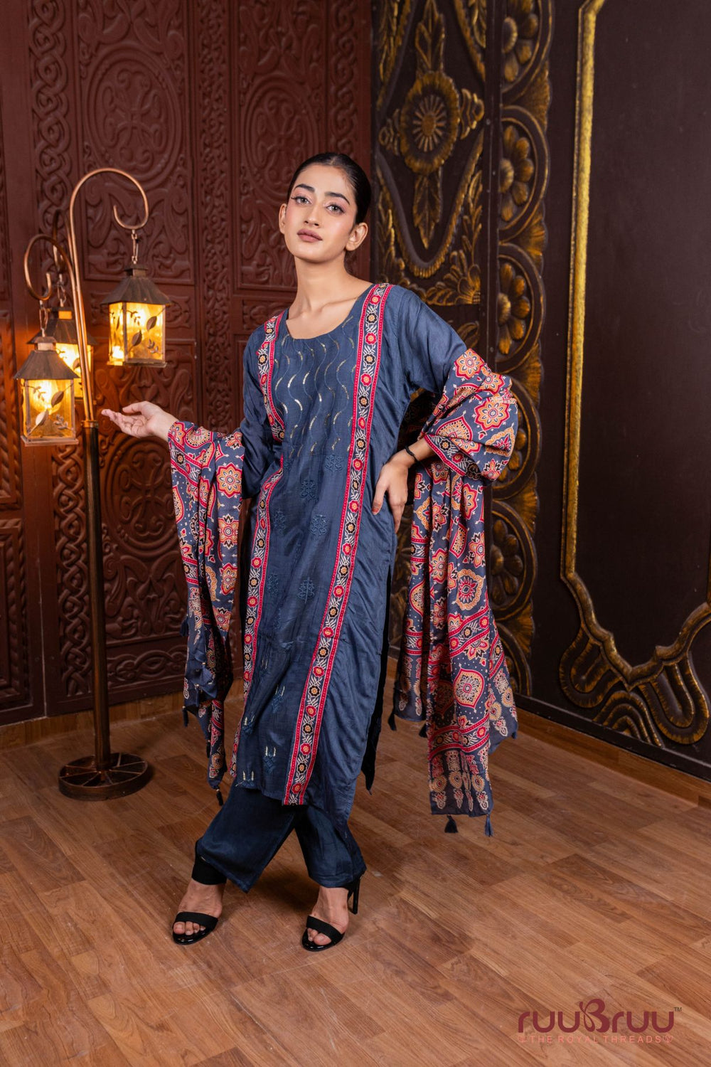 Pure Muslin Ladies Suit with Ajrak Dupatta.