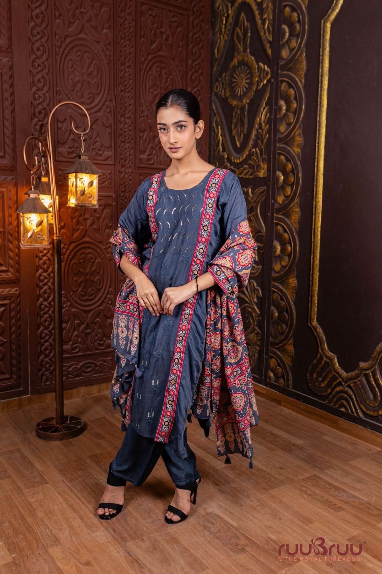Pure Muslin Ladies Suit with Ajrak Dupatta.