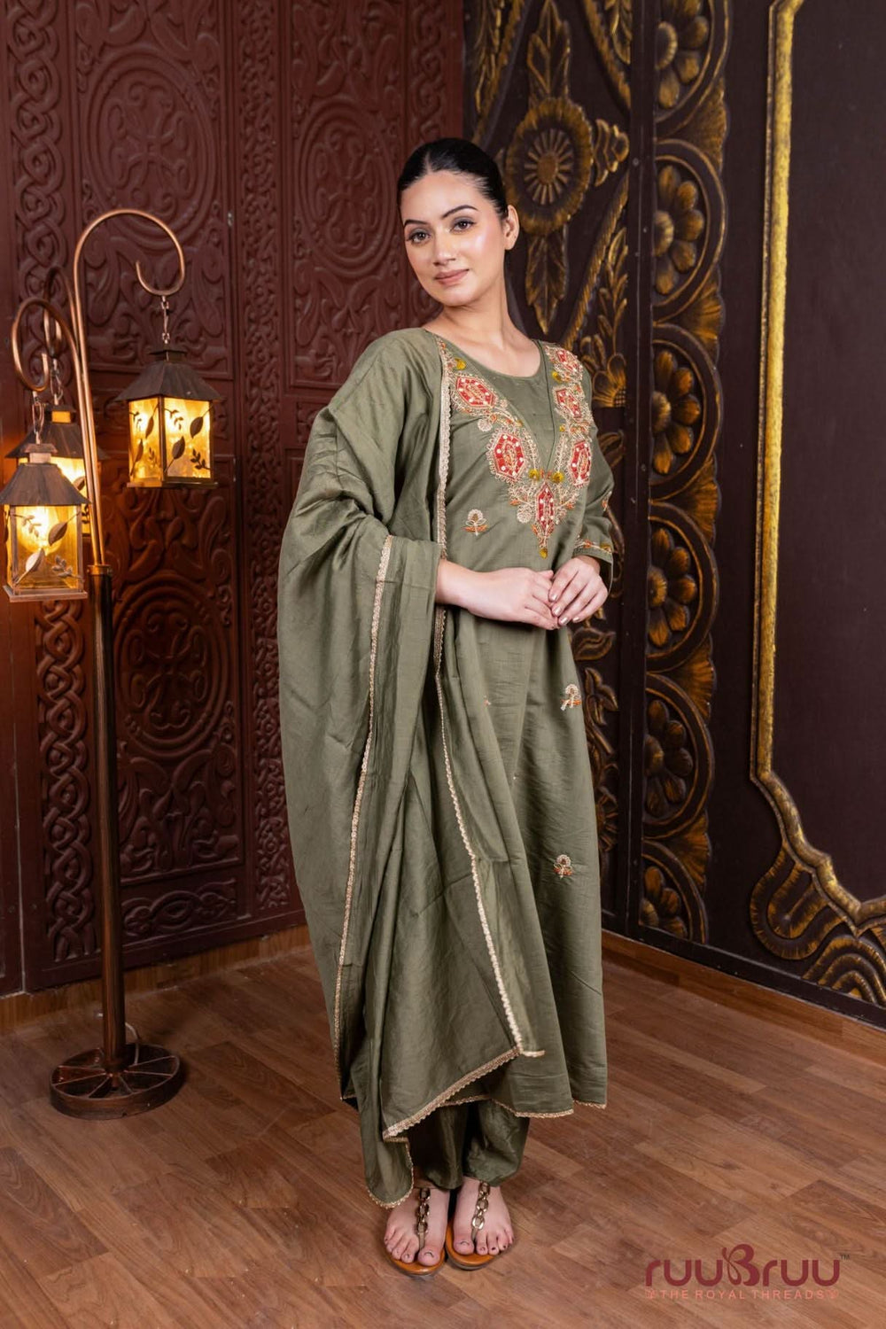 Pure Mal Chanderi Ladies Suit with Embroidery Work.