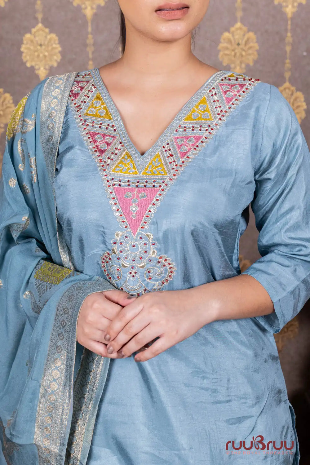 Pure Dola Silk Ladies Suit with Embroidery & Banarasi Dupatta.