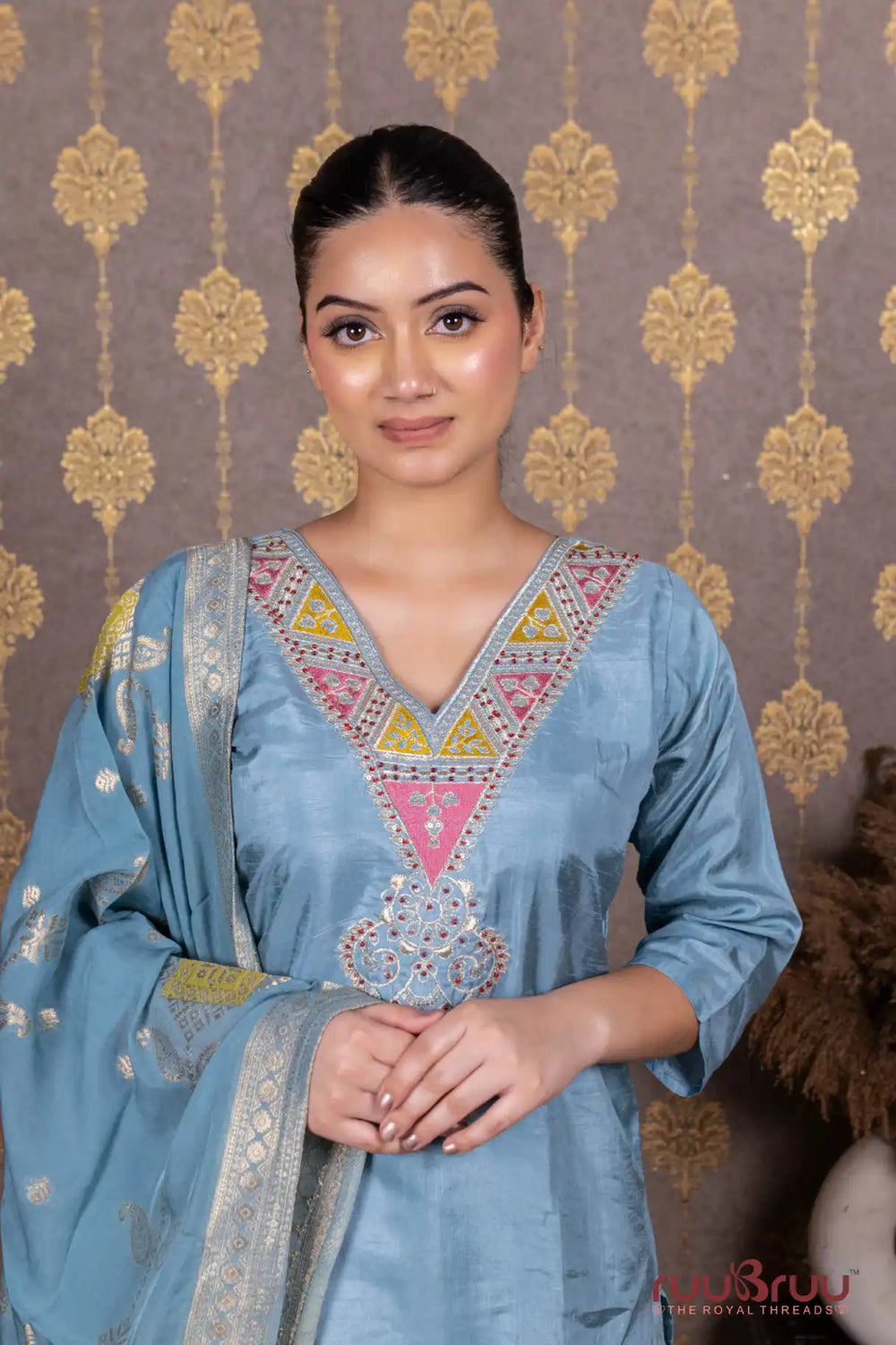 Pure Dola Silk Ladies Suit with Embroidery & Banarasi Dupatta.