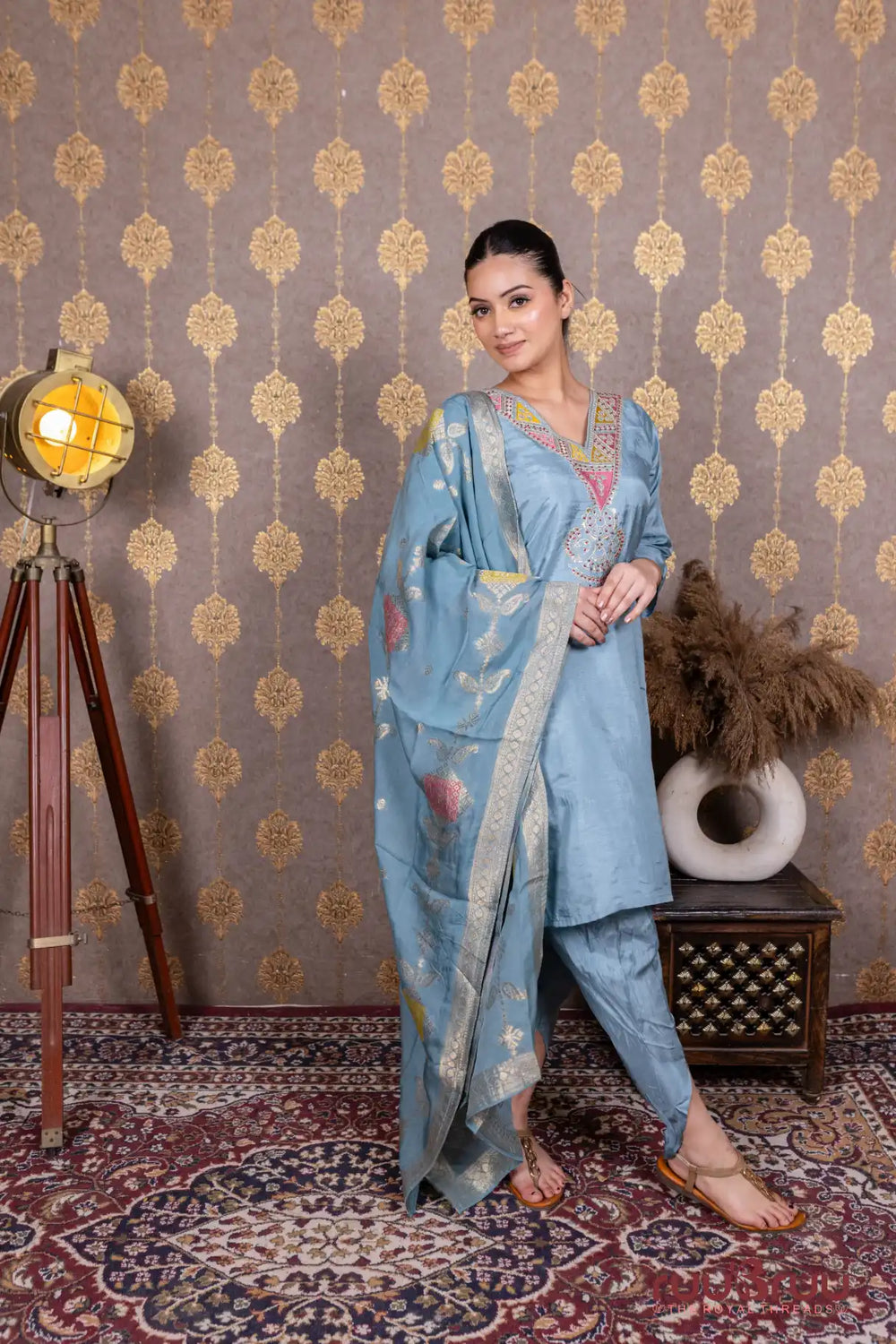 Pure Dola Silk Ladies Suit with Embroidery & Banarasi Dupatta.