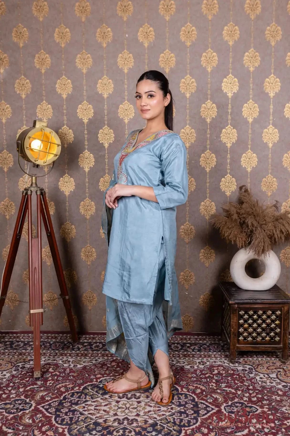 Pure Dola Silk Ladies Suit with Embroidery & Banarasi Dupatta.