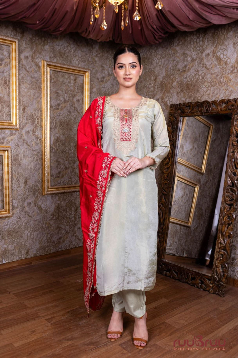 Pure Silk Shimmer Ladies Suit with Premium Zari Embroidery.