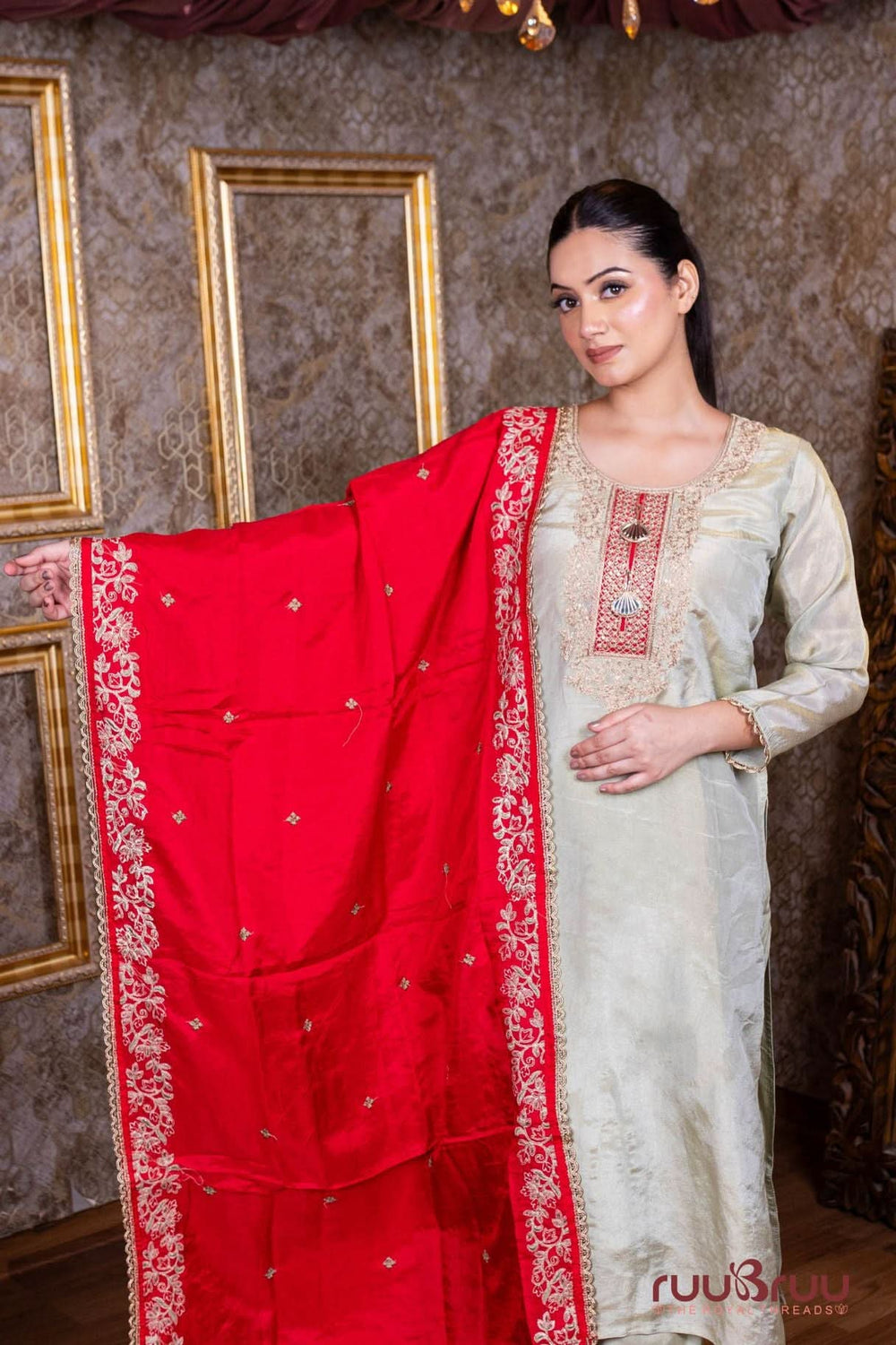 Pure Silk Shimmer Ladies Suit with Premium Zari Embroidery.