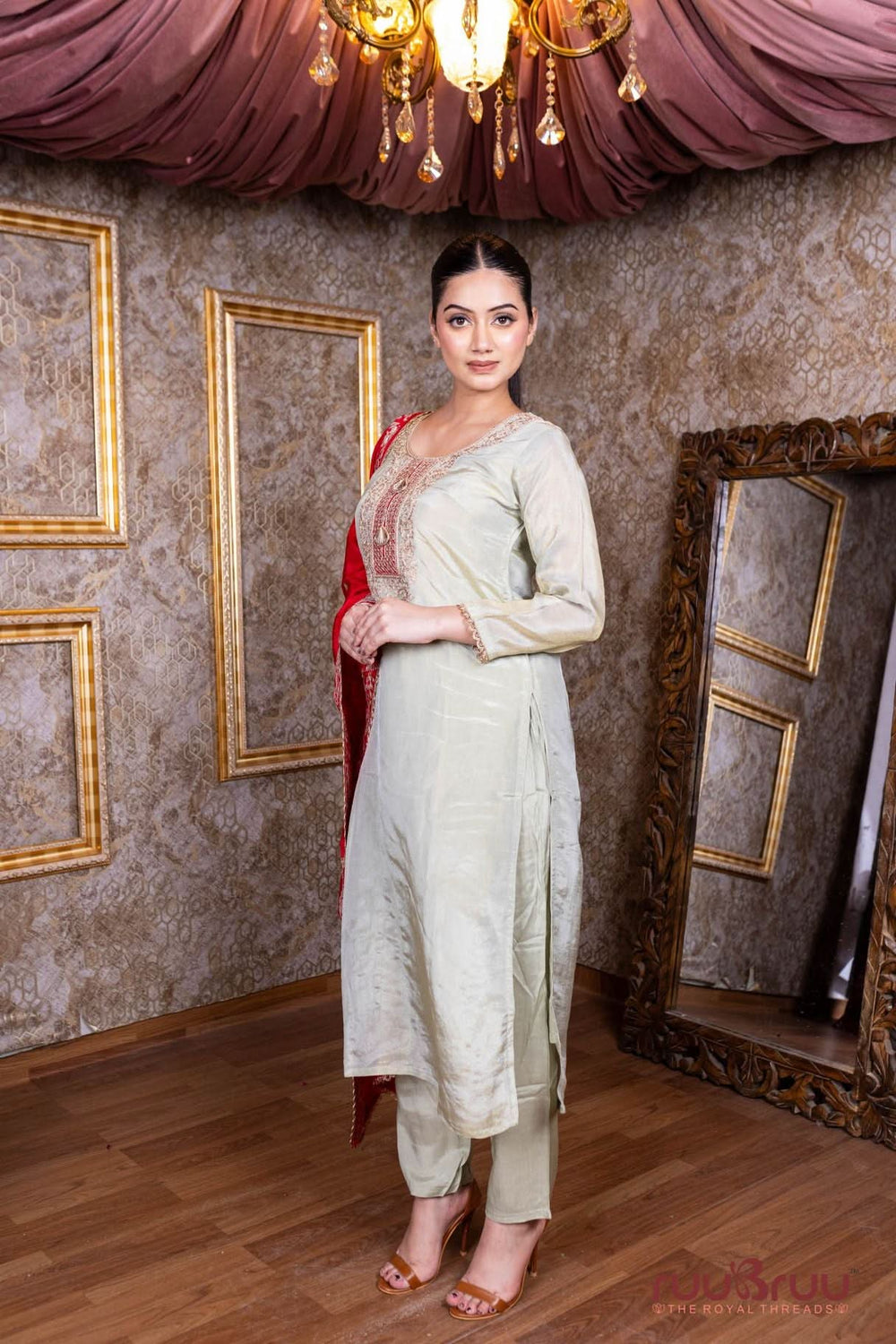Pure Silk Shimmer Ladies Suit with Premium Zari Embroidery.