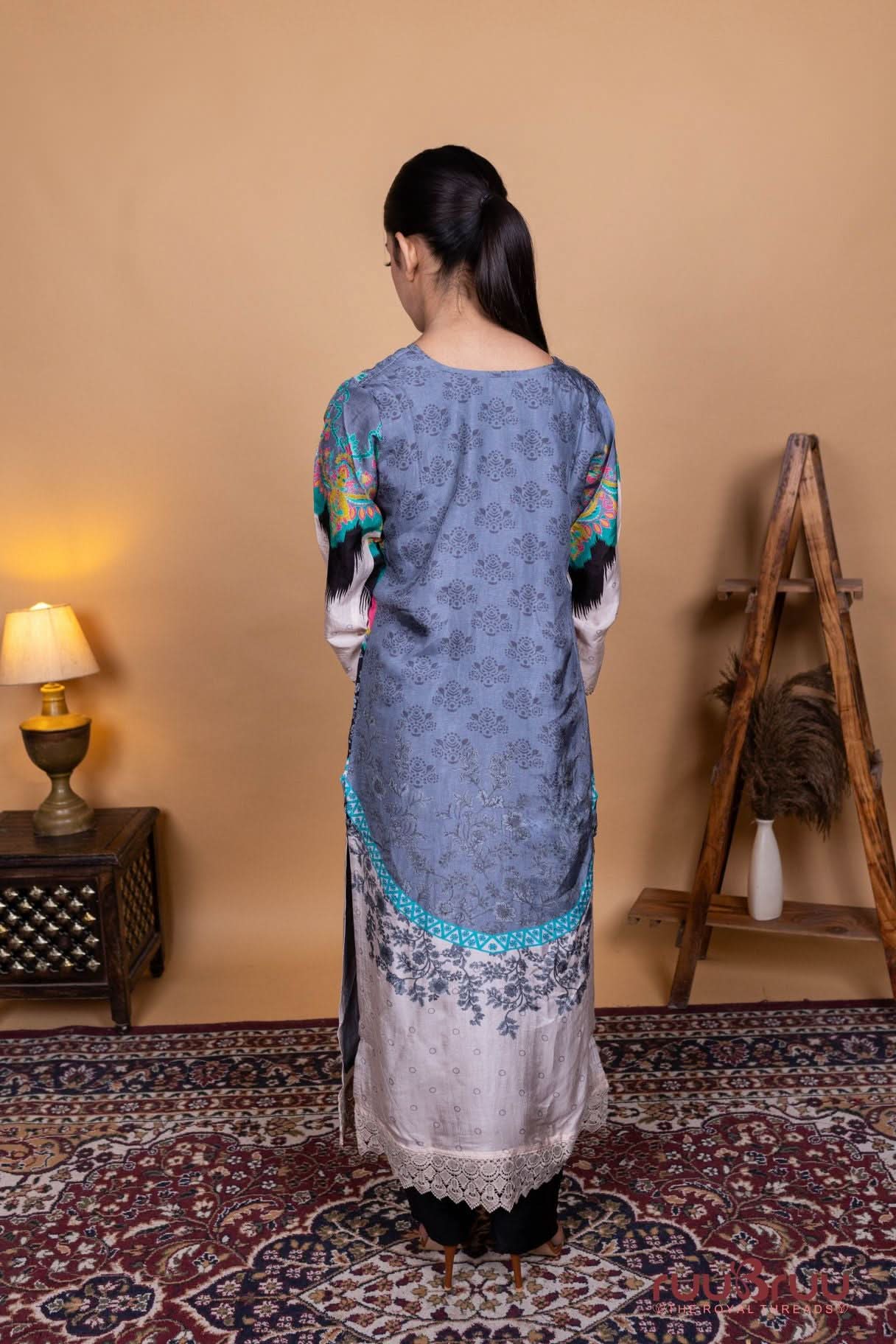 Pure Viscose Silk Ladies Suit with Zari Embroidery & Gota Patti.