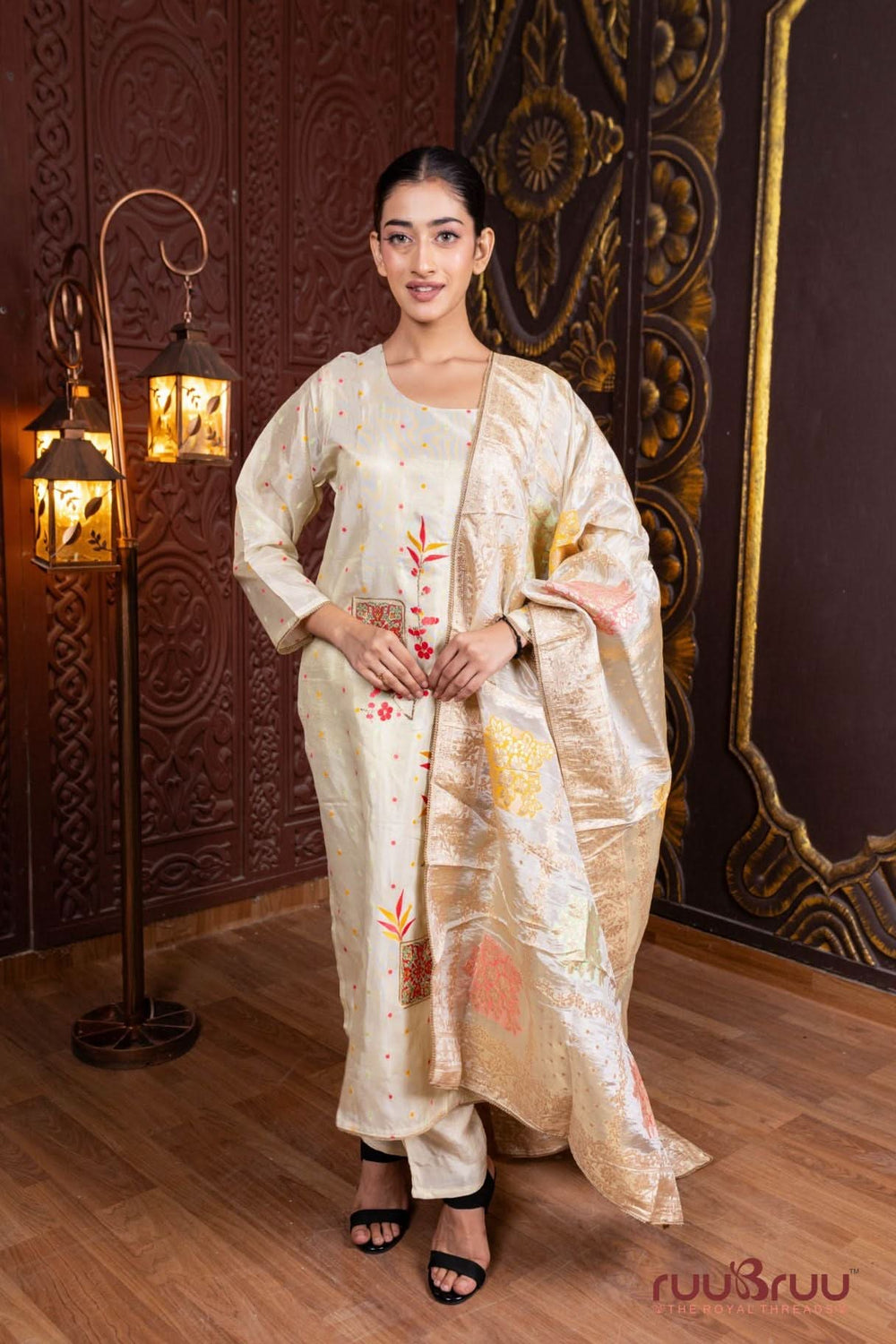 Pure Chanderi Ladies Suit with Embroidery & Banarsi Dupatta.