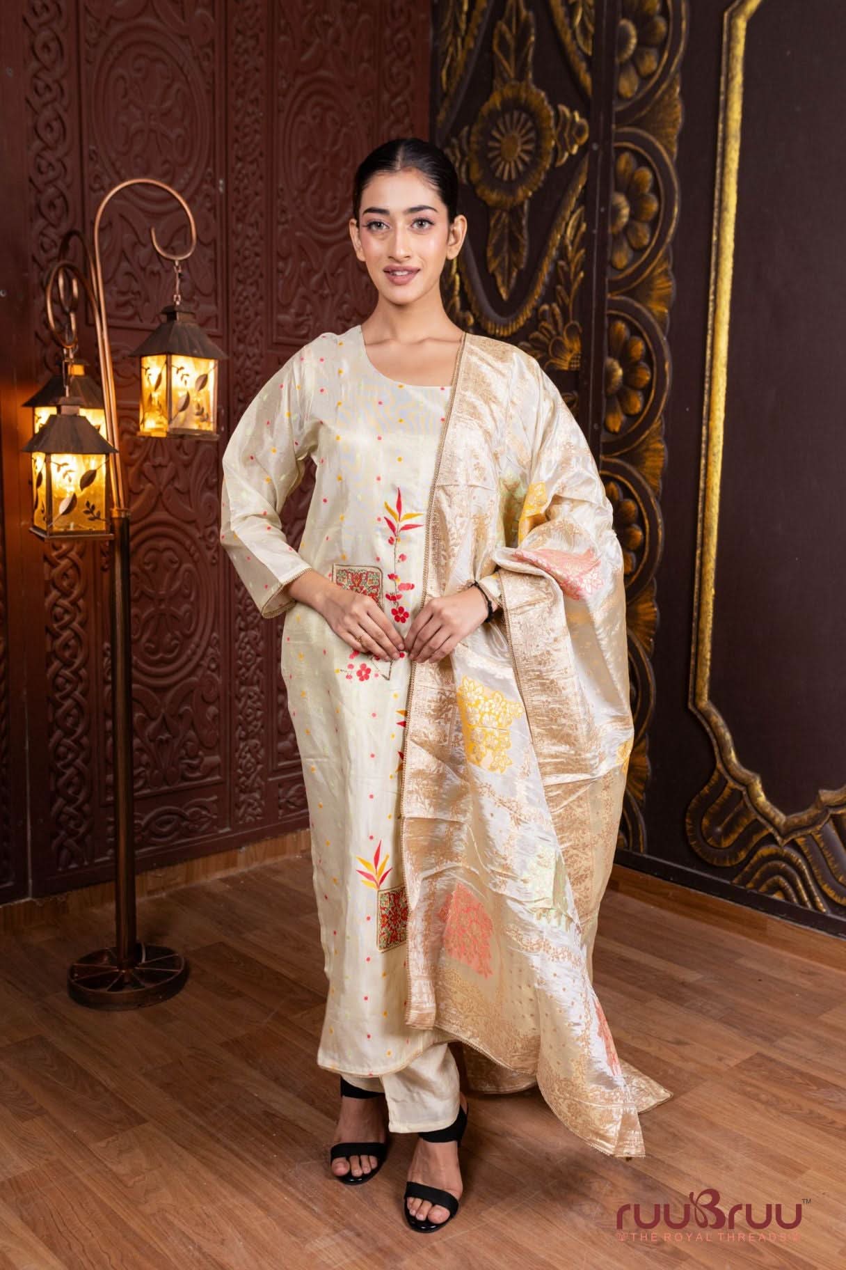 Pure Chanderi Ladies Suit with Embroidery & Banarsi Dupatta.