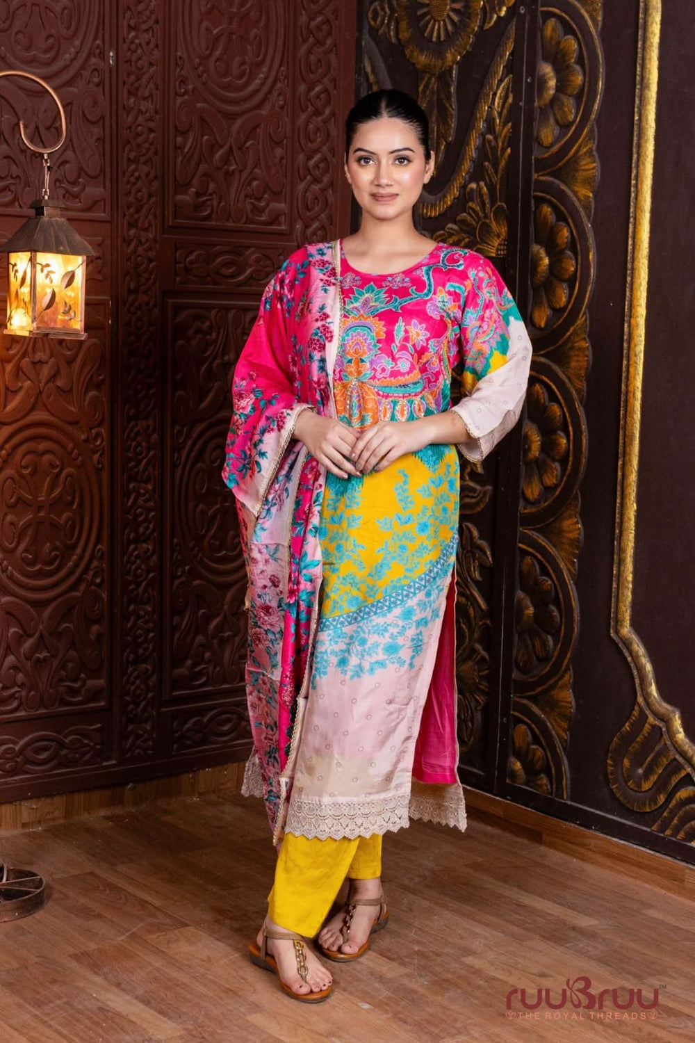 Pure Viscose Silk Ladies Suit with Digital Print & Heavy Zari Embroidery.