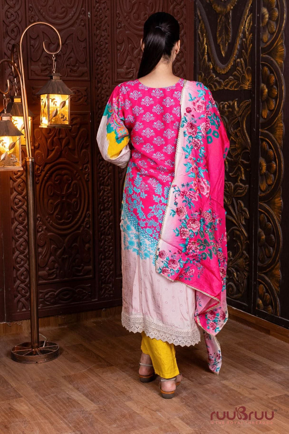 Pure Viscose Silk Ladies Suit with Digital Print & Heavy Zari Embroidery.