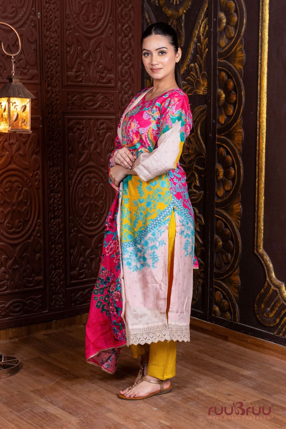 Pure Viscose Silk Ladies Suit with Digital Print & Heavy Zari Embroidery.