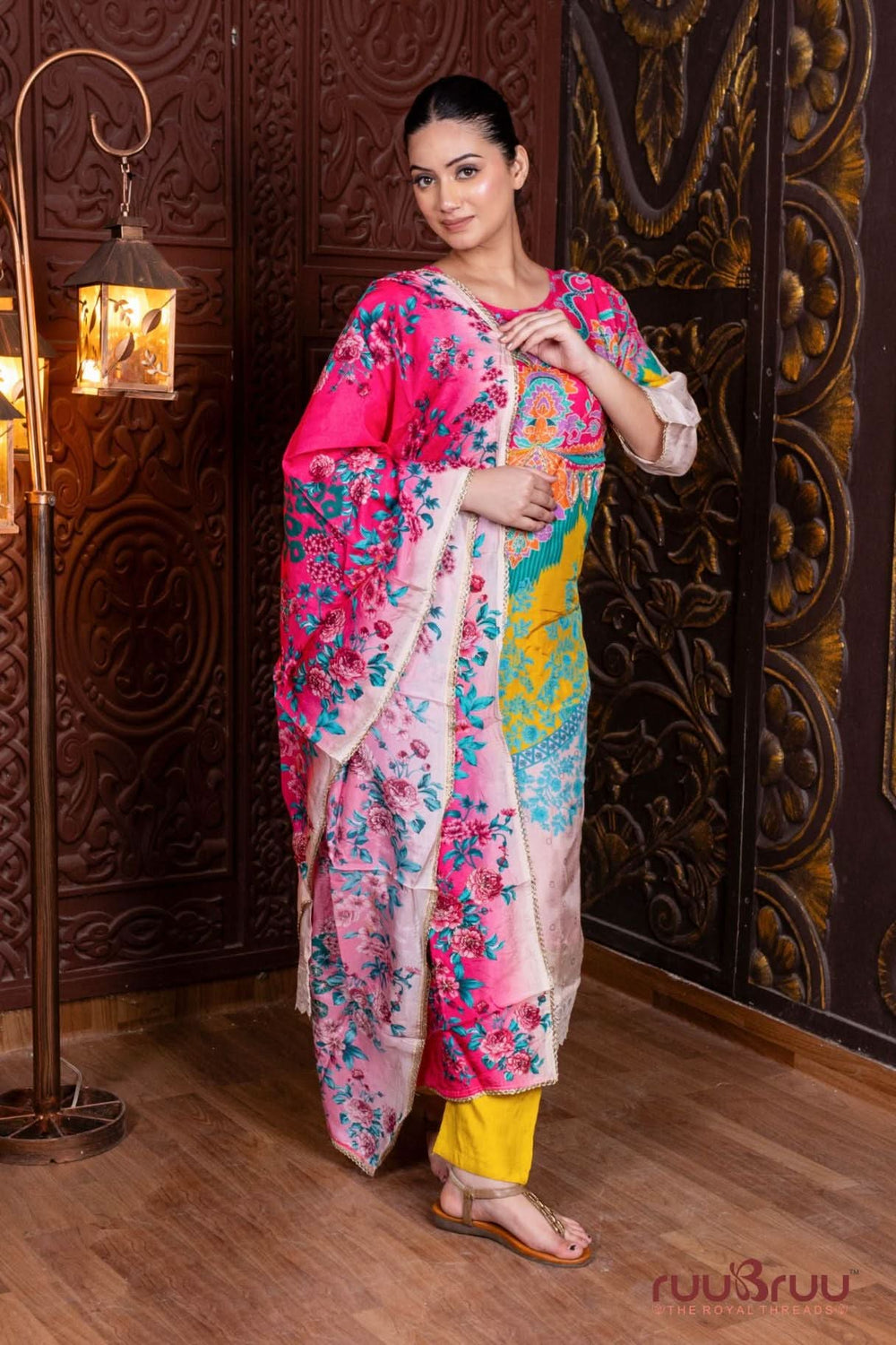 Pure Viscose Silk Ladies Suit with Digital Print & Heavy Zari Embroidery.