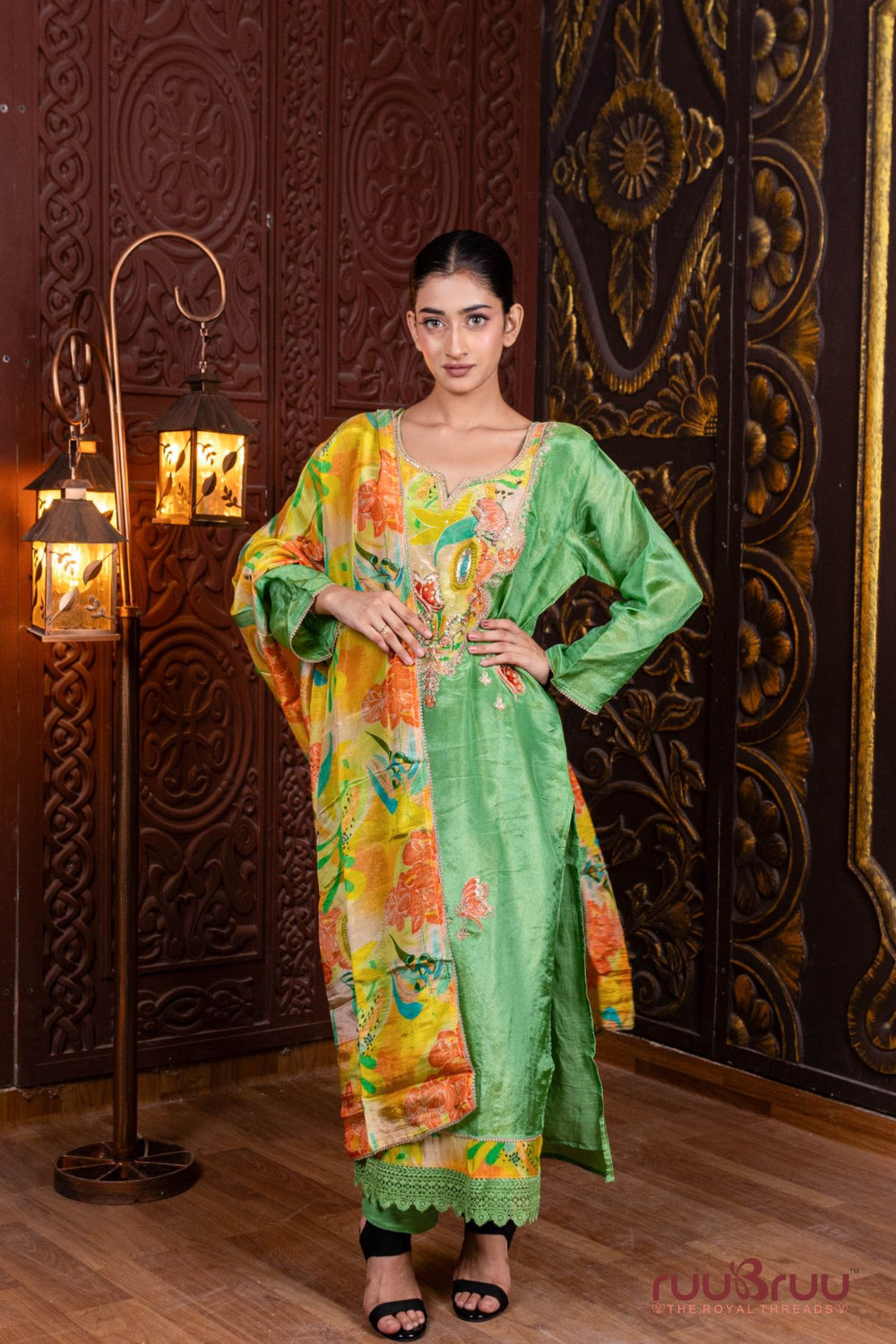 Pure Silk Shimmer Ladies Suit with Patchwork & Embroidery.