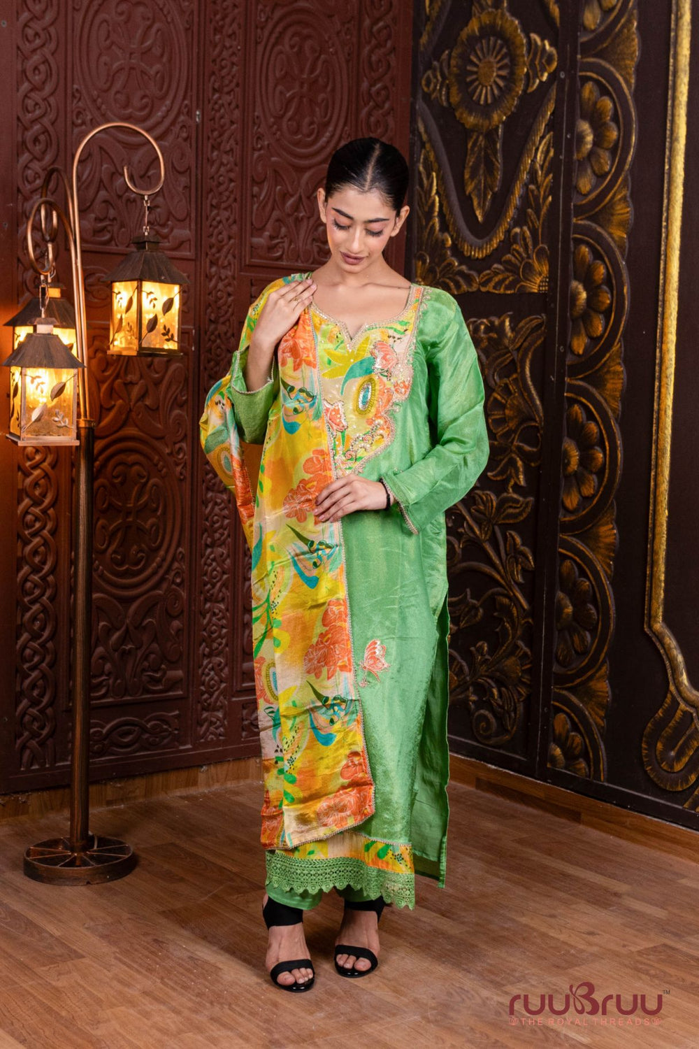 Pure Silk Shimmer Ladies Suit with Patchwork & Embroidery.