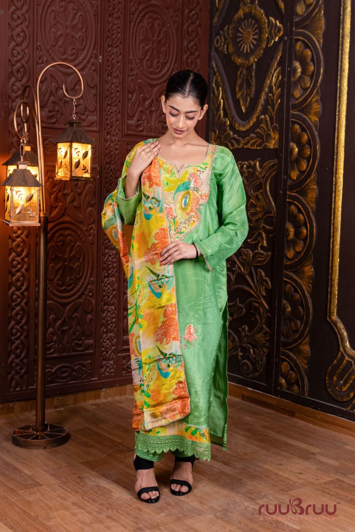 Pure Silk Shimmer Ladies Suit with Patchwork & Embroidery.