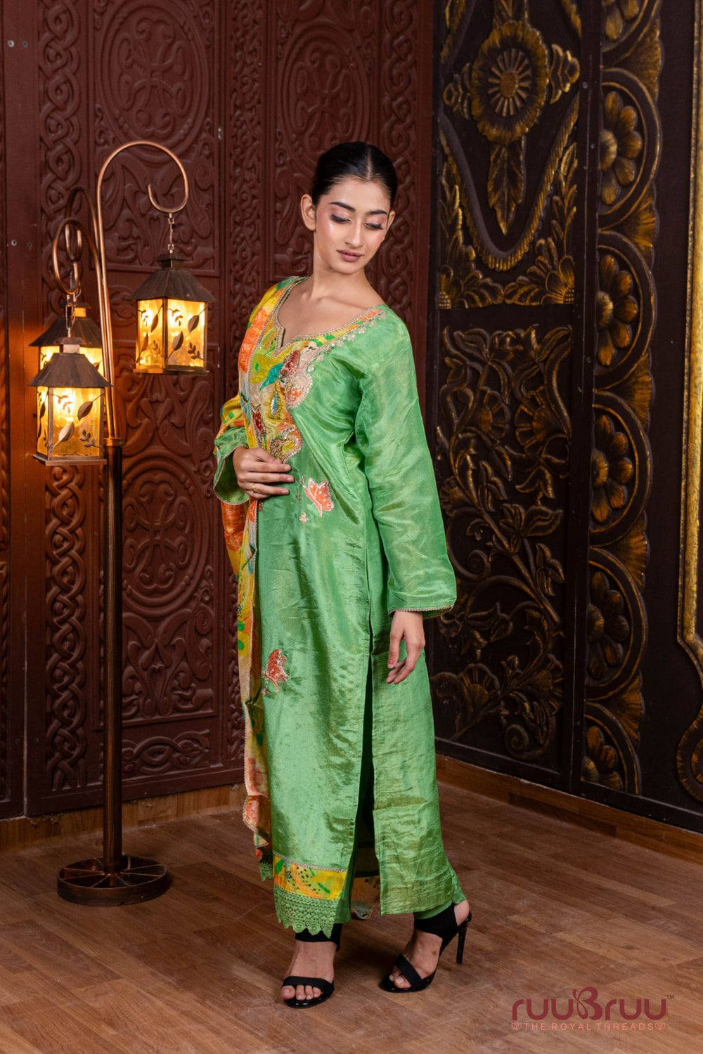 Pure Silk Shimmer Ladies Suit with Patchwork & Embroidery.