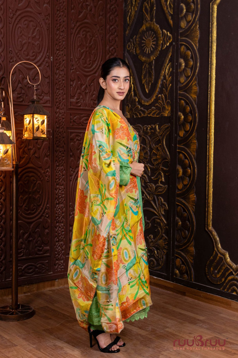 Pure Silk Shimmer Ladies Suit with Patchwork & Embroidery.