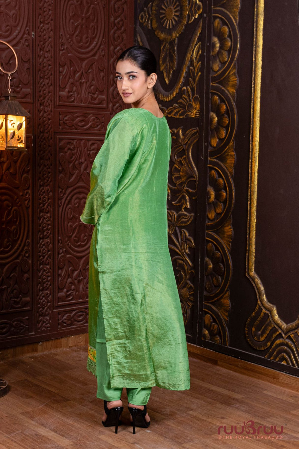 Pure Silk Shimmer Ladies Suit with Patchwork & Embroidery.