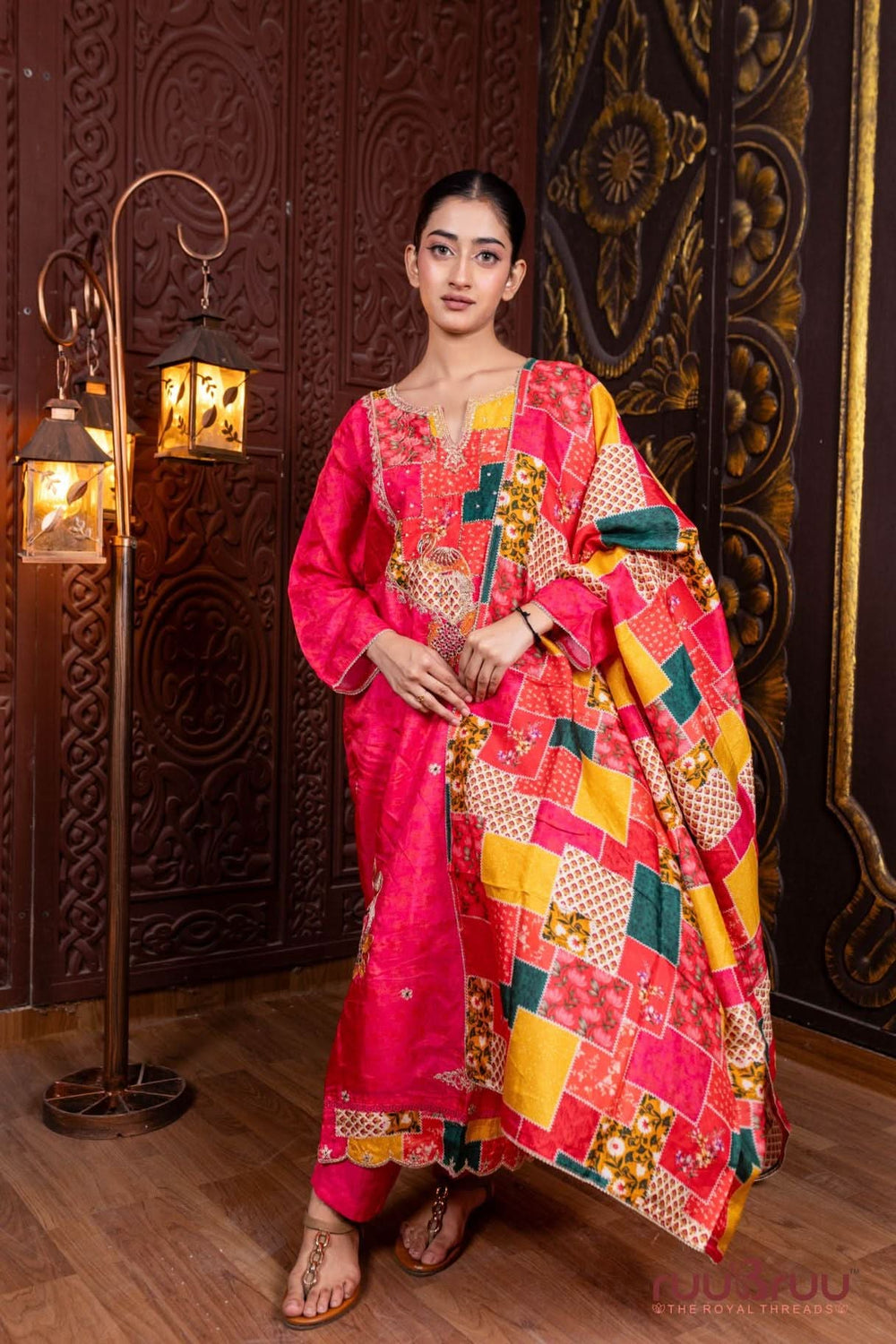 Pure Viscose Silk Ladies Suit with Digital Print, Heavy Zari Embroidery & Patch work.