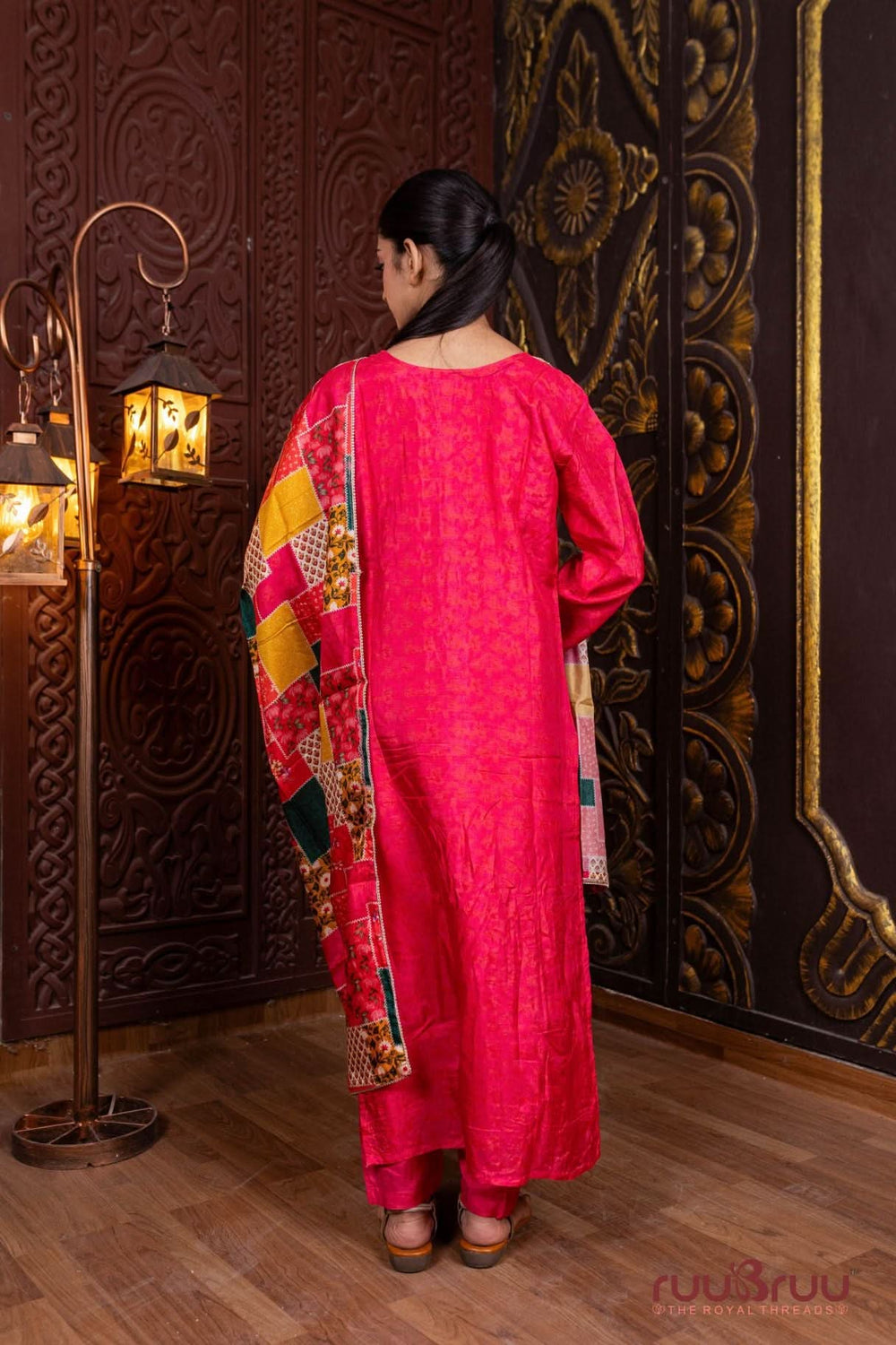 Pure Viscose Silk Ladies Suit with Digital Print, Heavy Zari Embroidery & Patch work.