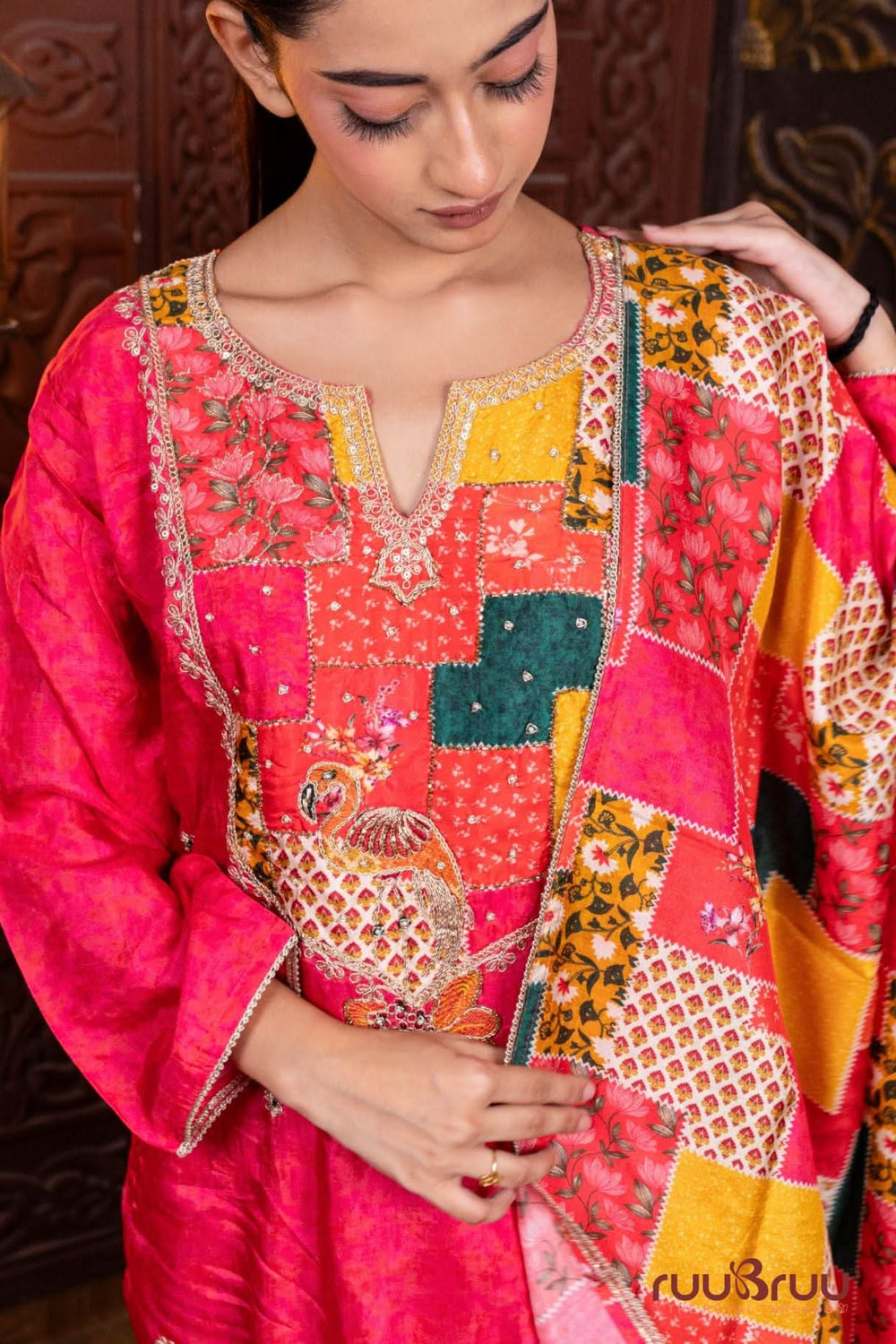 Pure Viscose Silk Ladies Suit with Digital Print, Heavy Zari Embroidery & Patch work.