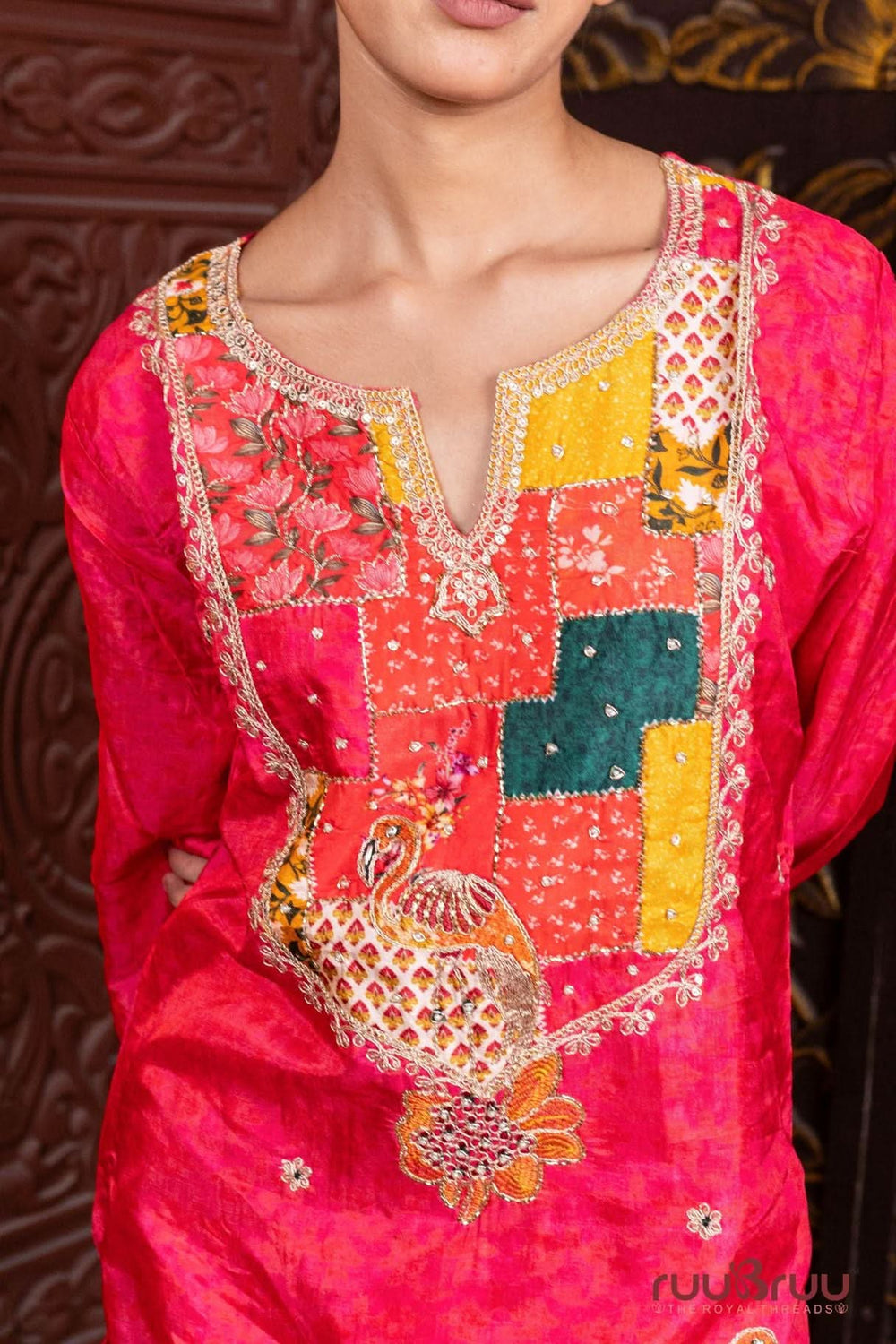 Pure Viscose Silk Ladies Suit with Digital Print, Heavy Zari Embroidery & Patch work.