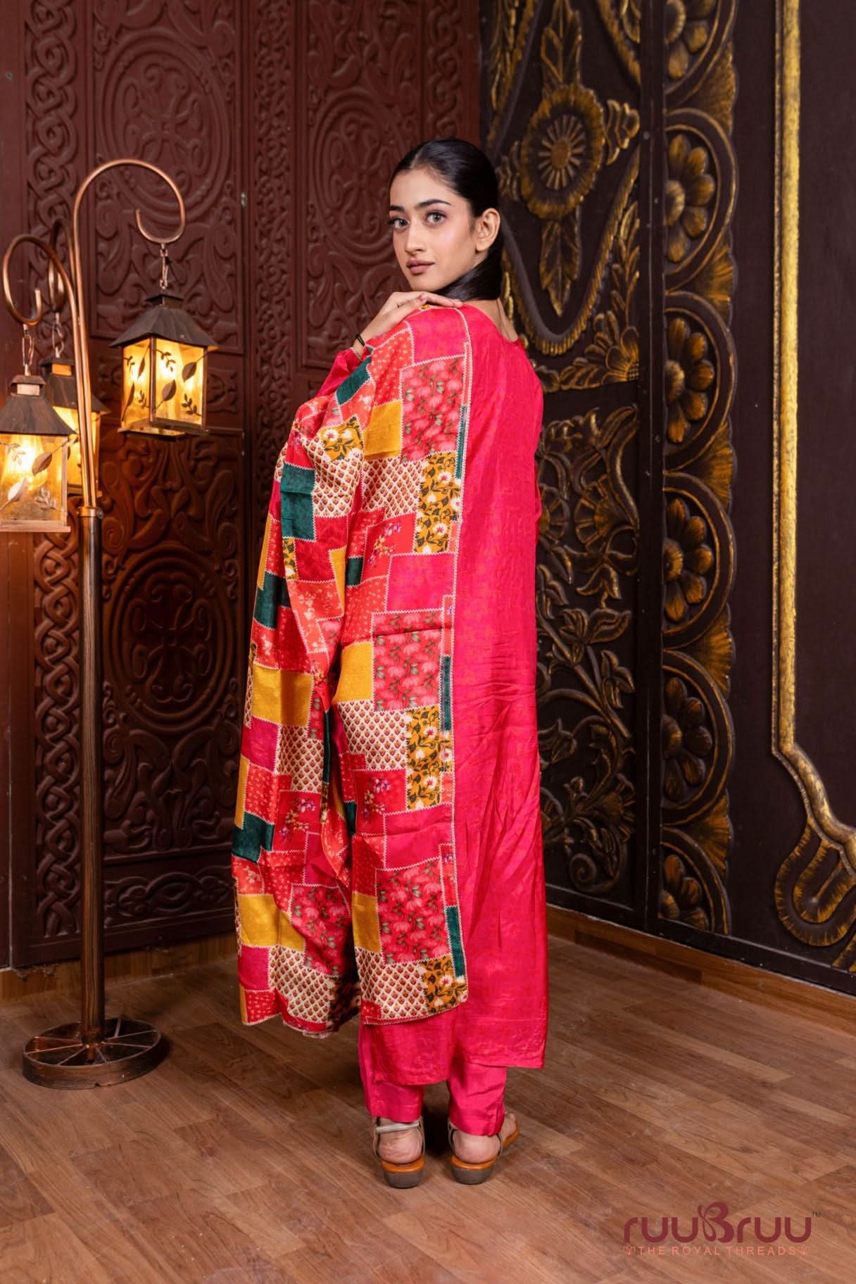 Pure Viscose Silk Ladies Suit with Digital Print, Heavy Zari Embroidery & Patch work.