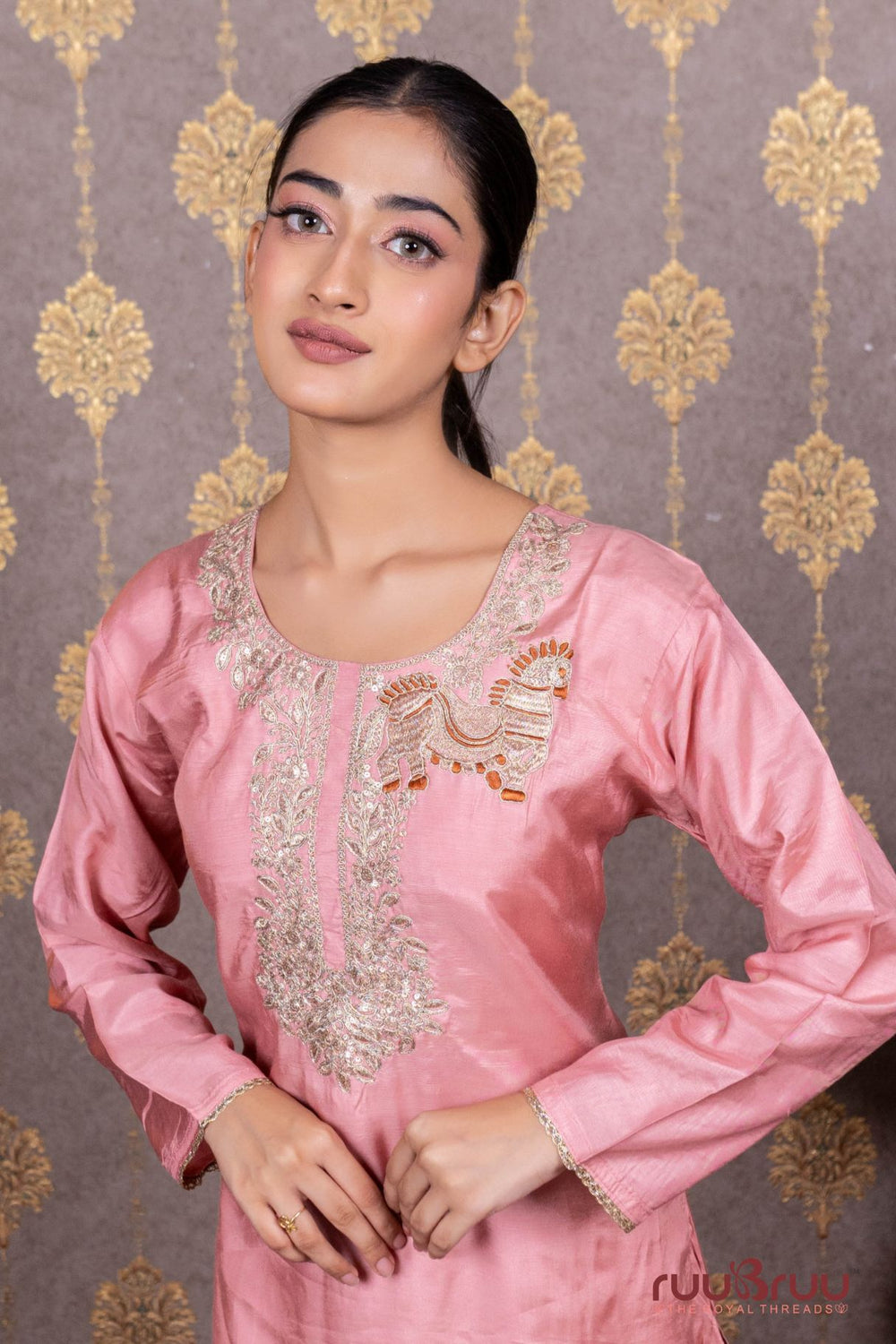 Pure Viscose Silk Ladies Suit with Heavy Zari Embroidery.