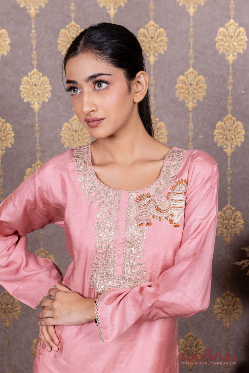 Pure Viscose Silk Ladies Suit with Heavy Zari Embroidery.