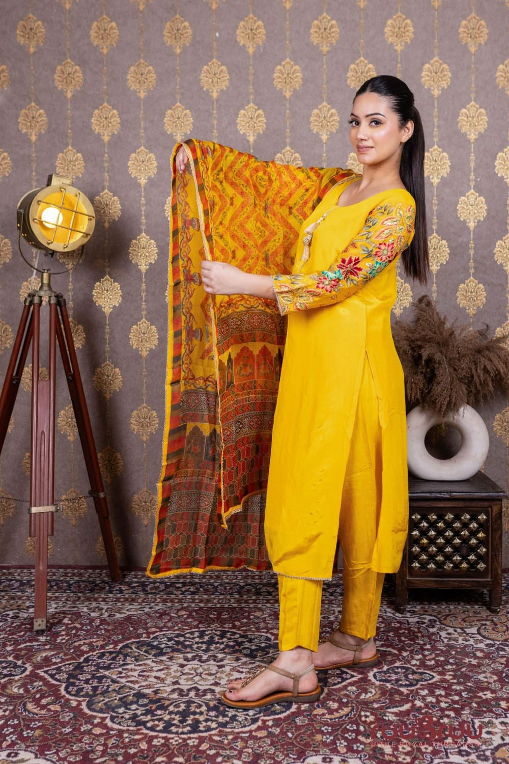 Pure Silk Shimmer Ladies Suit with Heavy Embroidered Sleeves.