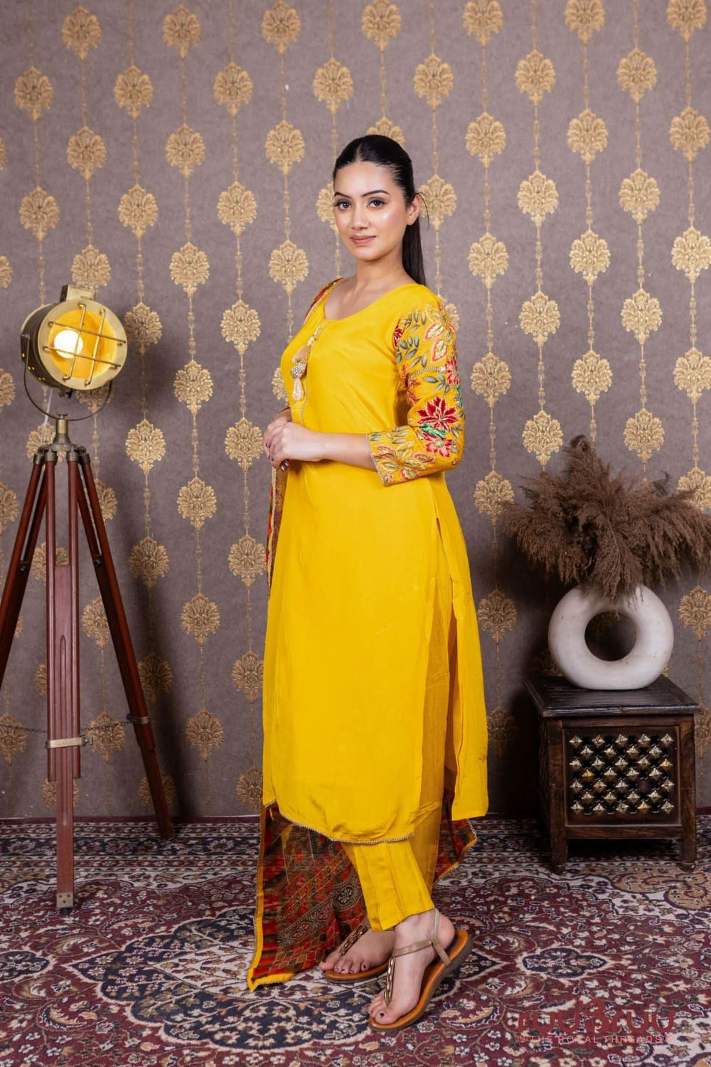 Pure Silk Shimmer Ladies Suit with Heavy Embroidered Sleeves.