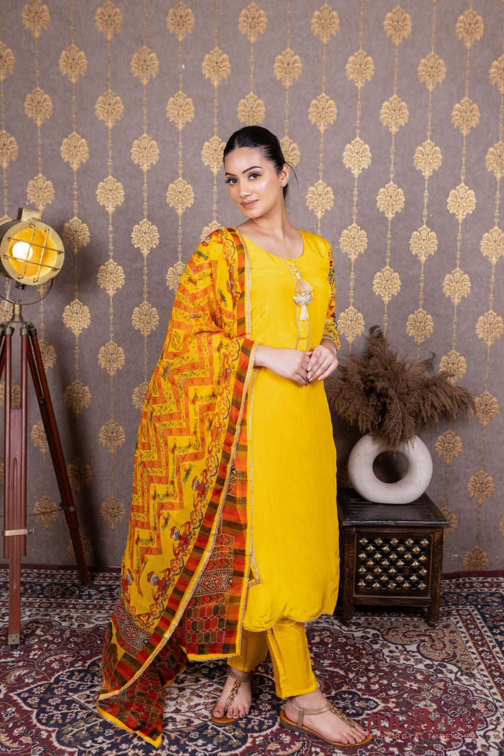 Pure Silk Shimmer Ladies Suit with Heavy Embroidered Sleeves.