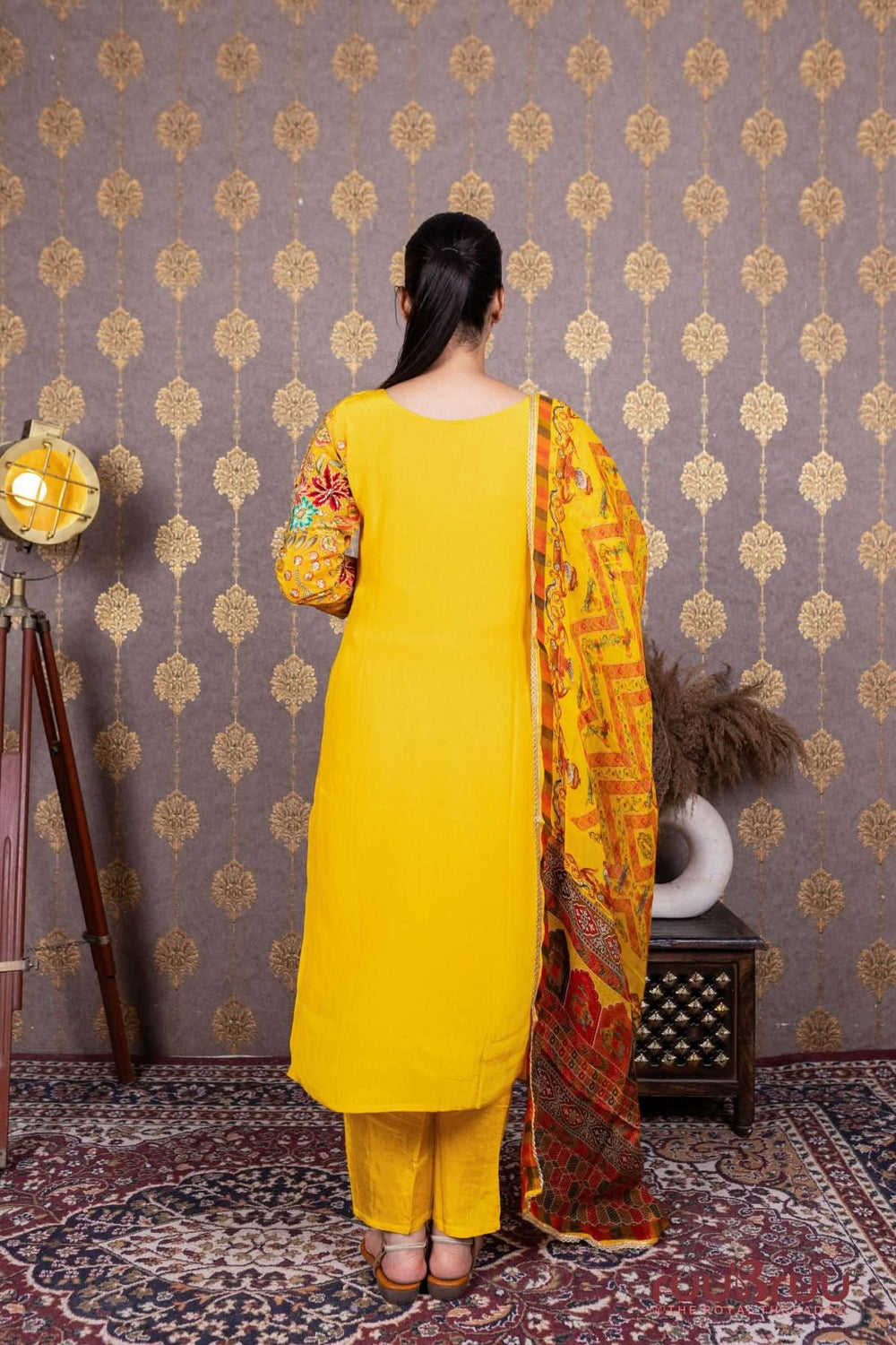 Pure Silk Shimmer Ladies Suit with Heavy Embroidered Sleeves.